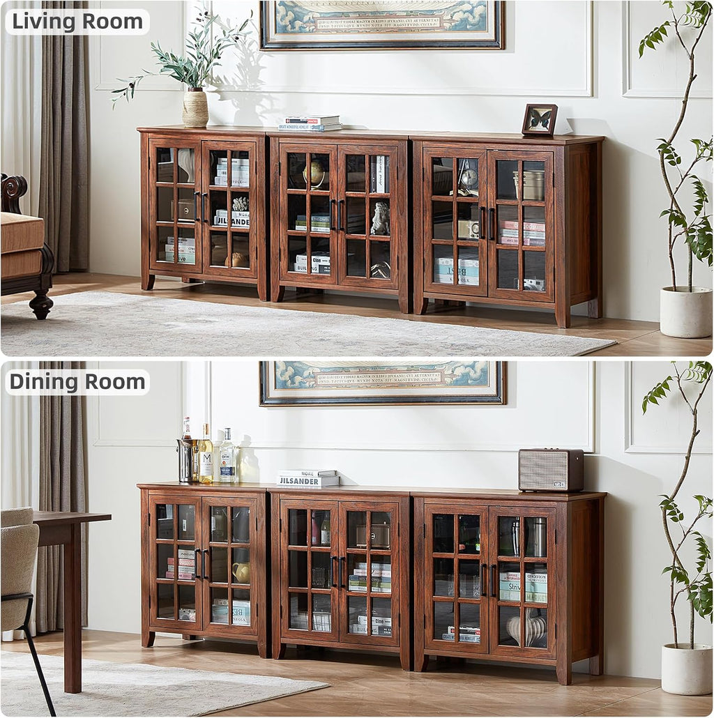 Large Sideboard Buffet Cabinet with Storage, 32' Farmhouse Brown Kitchen Coffee Wine Bar Cabinet with 2 Glass Doors, Wood Mid Century Modern Side Board Table for Dining Room, Living Room (3PCS)