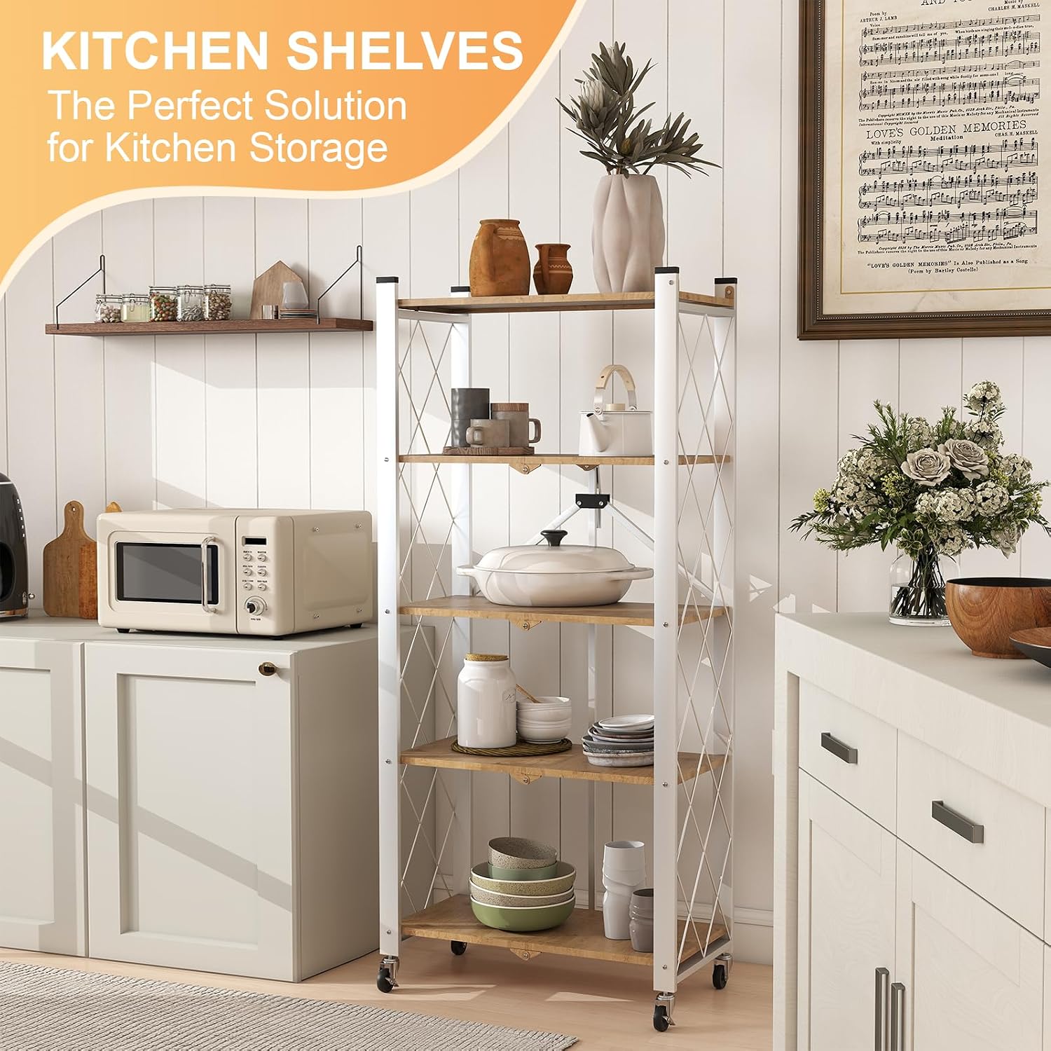 5-Tier Foldable Storage Shelves with Wheels | Portable Structure, Suitable for kitchen, bedroom, living room, bathroom, garage, wood grain transfer, 59*26*13in