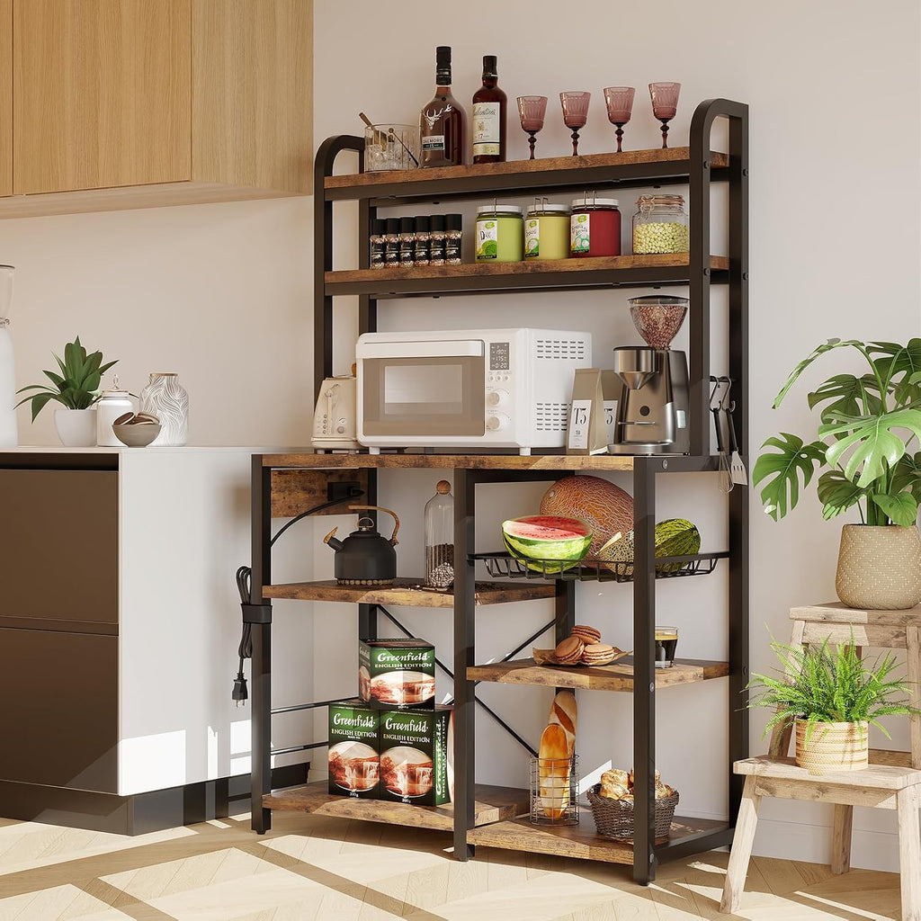 IDEALHOUSE Bakers Rack with Power Outlet, 6-Tier Coffee Bar Station with Wire Drawer, Industrial Microwave Stand, Kitchen Standing Bakers Racks with Large Storage, Hutch, Retro Brown