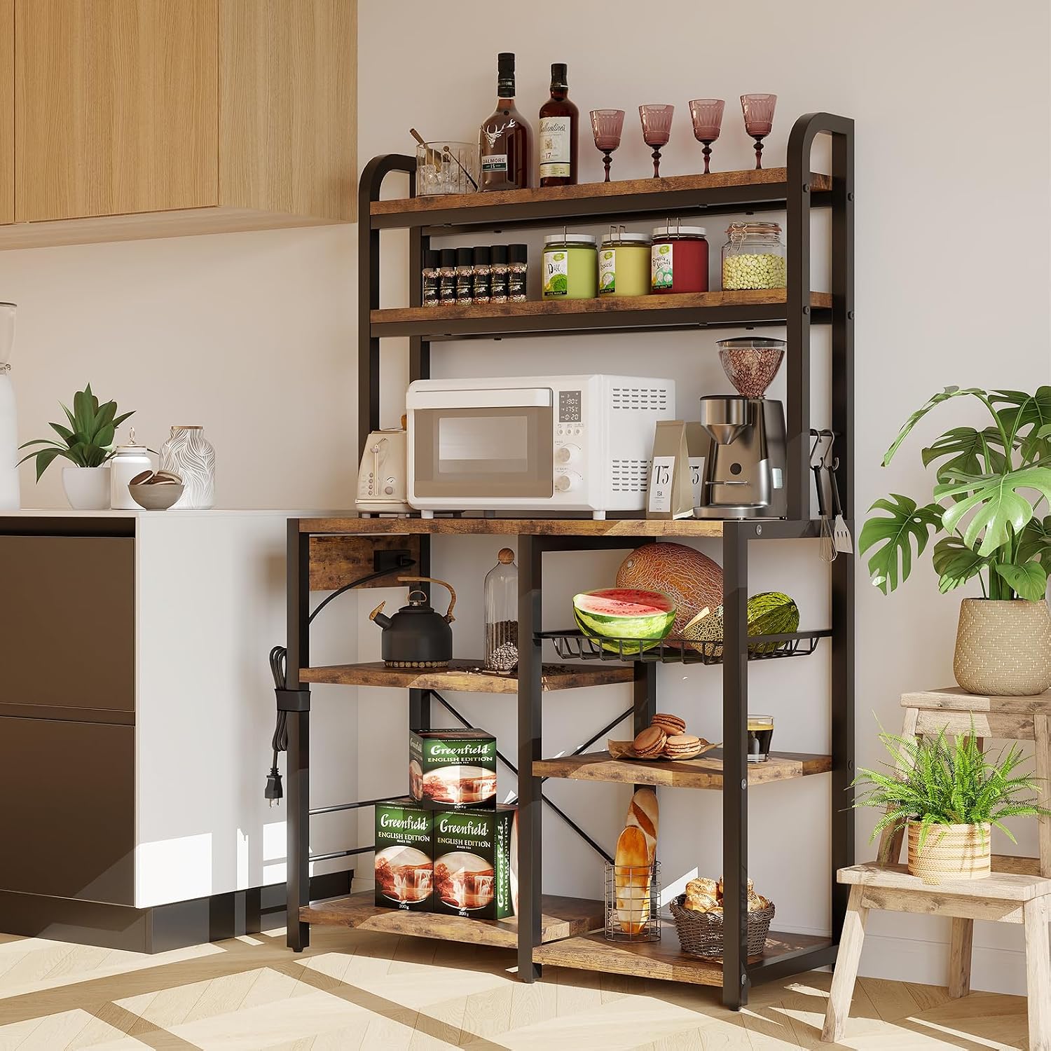 IDEALHOUSE Bakers Rack with Power Outlet, 6-Tier Coffee Bar Station with Wire Drawer, Industrial Microwave Stand, Kitchen Standing Bakers Racks with Large Storage, Hutch, Retro Brown