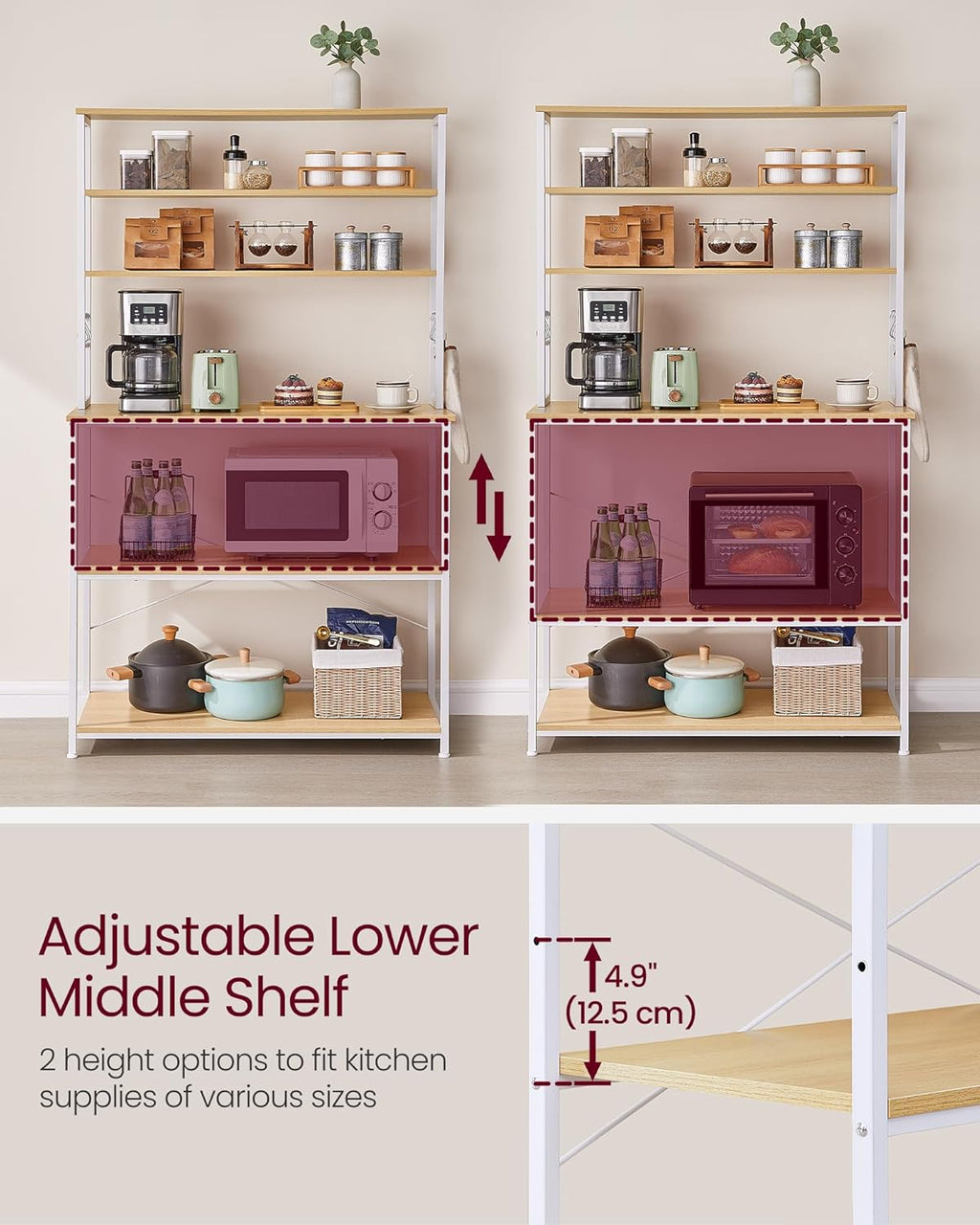 VASAGLE Coffee Bar, 39.4 Inches Baker's Rack for Kitchen with Storage, 6-Tier Kitchen Shelves with 6 Hooks, Microwave Stand, Modern, Golden Oak and Cloud White UKKS039Y09