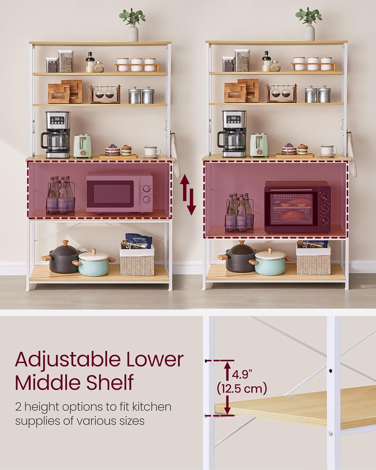 VASAGLE Coffee Bar, 39.4 Inches Baker's Rack for Kitchen with Storage, 6-Tier Kitchen Shelves with 6 Hooks, Microwave Stand, Modern, Golden Oak and Cloud White UKKS039Y09