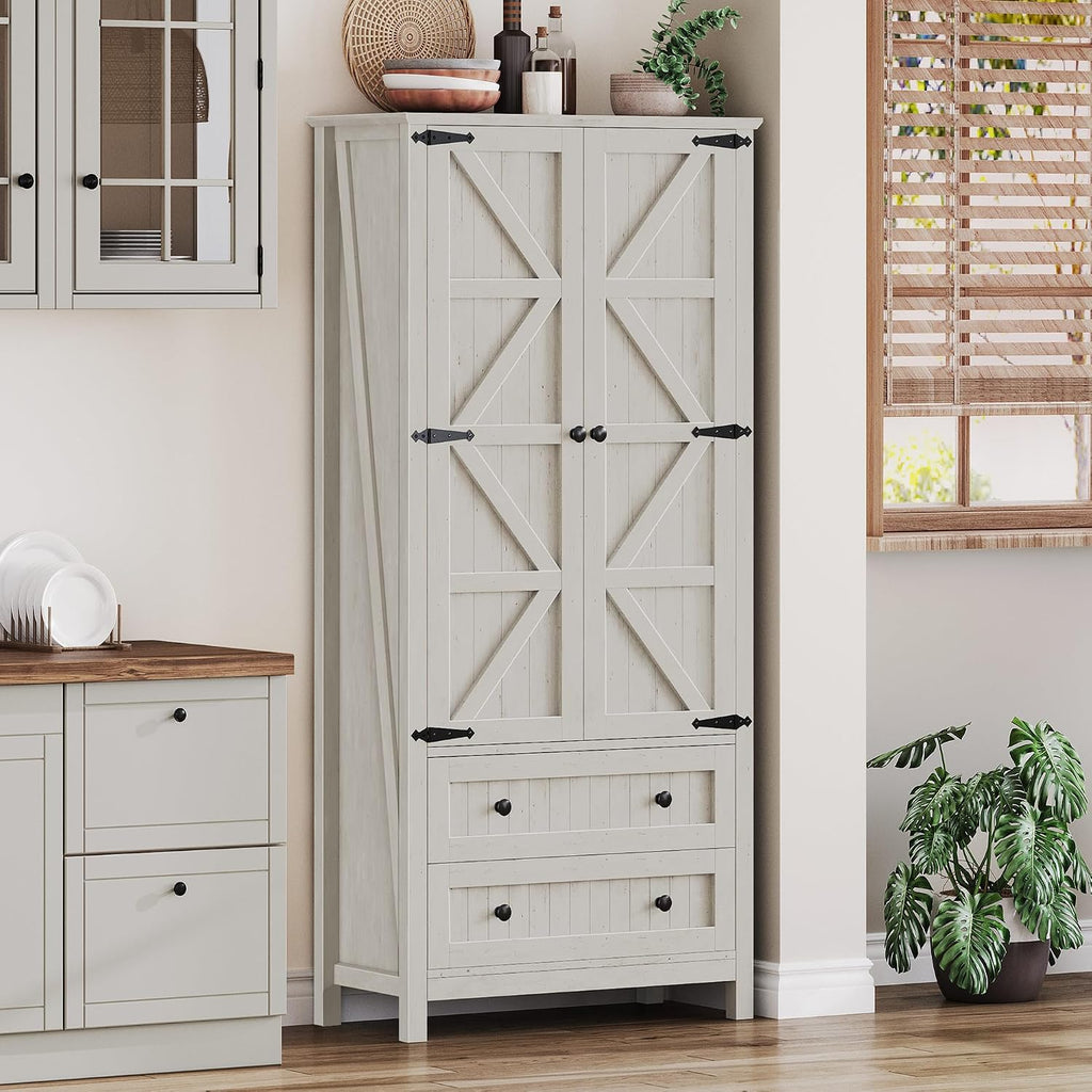 DWVO 64.5' H Kitchen Pantry Cabinet, Storage Cabinet with Barn Doors, 2 Drawers and Adjustable Shelves, Farmhouse Cupboard for Dining Room, Living Room, Bathroom, Off White