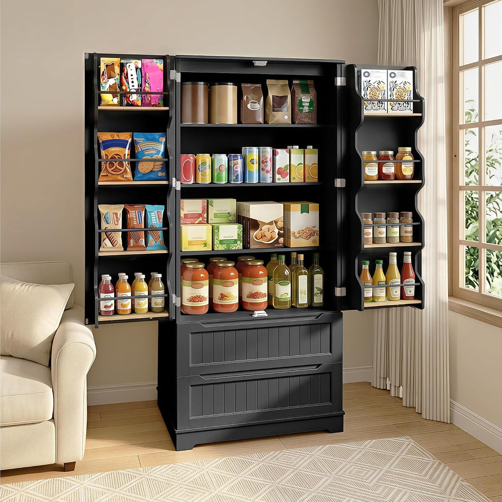 Gizoon 71' Tall Kitchen Pantry Cabinet with Drawers for Dining Room, Food Pantry Storage Cabinet with 8 Doors Shelves for Snack and Spice, Large Craft Storage Cabinet for Craft Room, Black, Painted