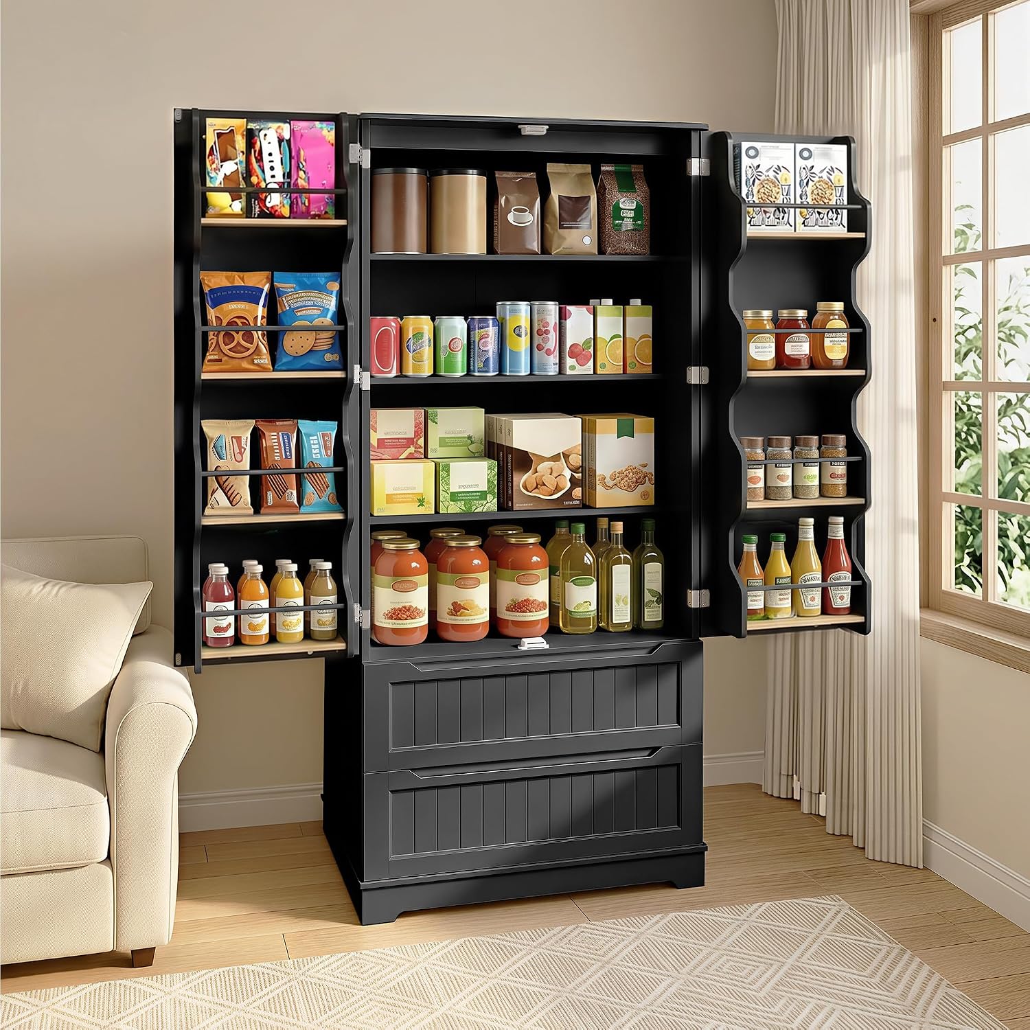 Gizoon 71' Tall Kitchen Pantry Cabinet with Drawers for Dining Room, Food Pantry Storage Cabinet with 8 Doors Shelves for Snack and Spice, Large Craft Storage Cabinet for Craft Room, Black, Painted