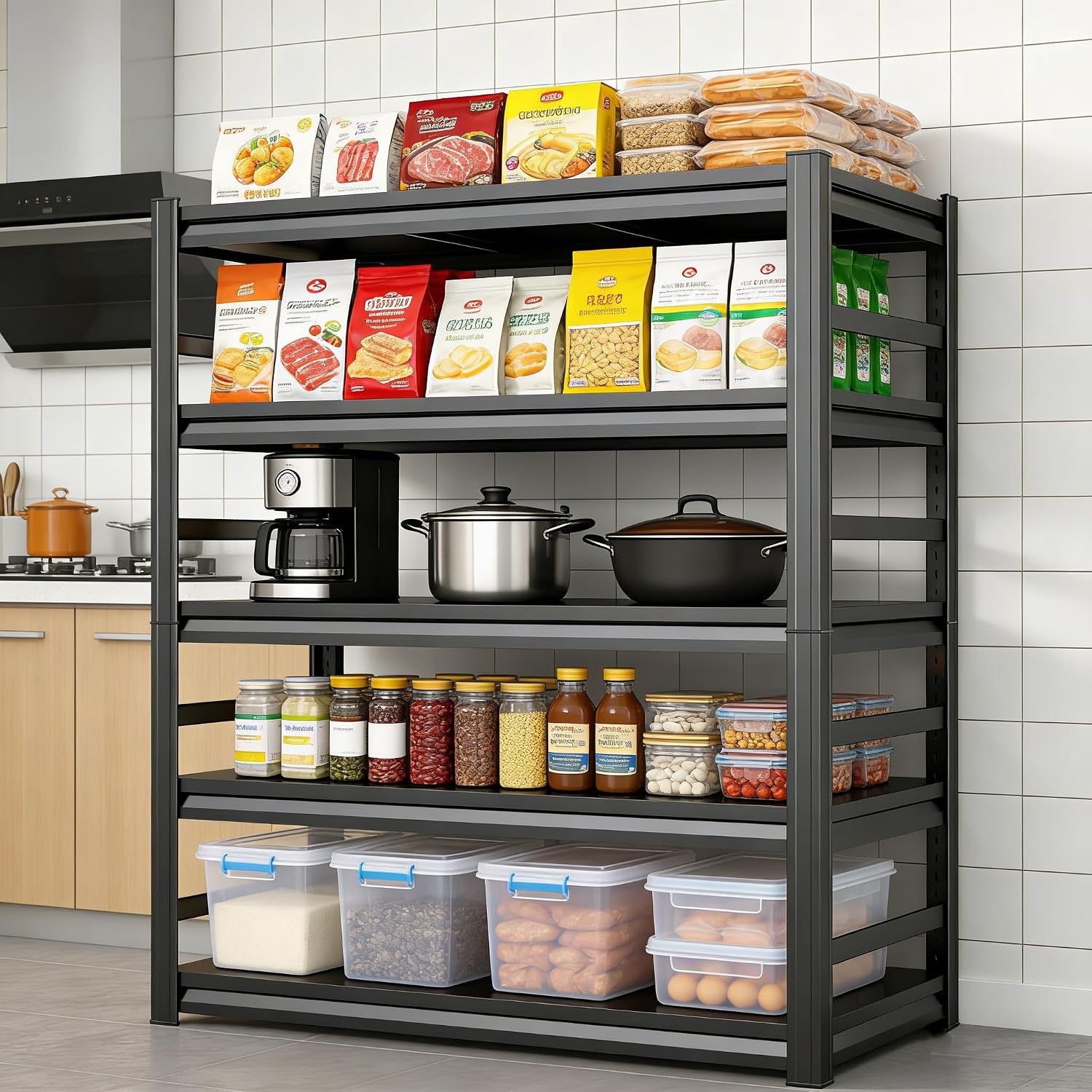 5-Tier Adjustable Storage Rack Metal Shelving 48' W x 73' H Metal Storage Shelf Black Shelving Unit 2000LBS Shelvs for Kitchen Pantry Basement