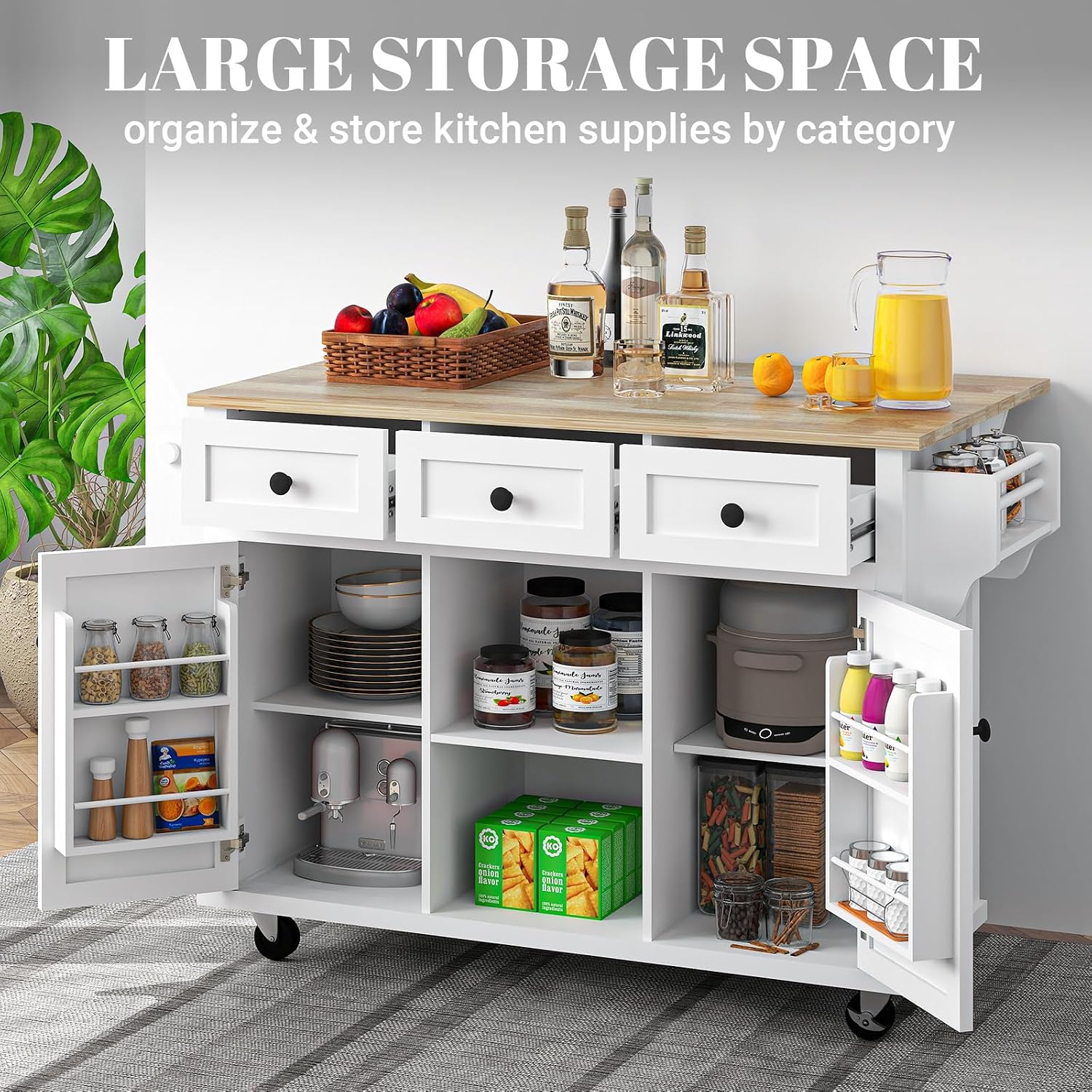Rovibek Kitchen Island with Drawers 53 in Rolling Island Cart Mobile Portable Islands on Wheels Solid Wood Island with Storage Cabinet & Drawers, Bright White