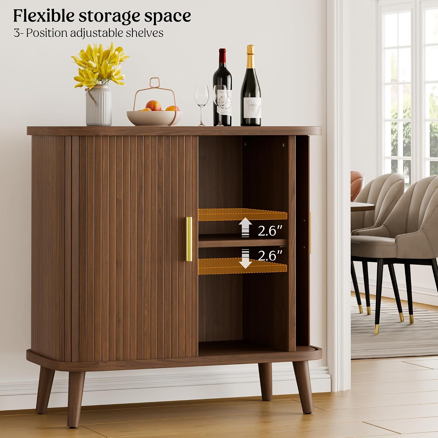 Lulive Walnut Buffet Cabinet, Sideboard Buffet Storage Cabinet with Rolling & Sliding Doors, Modern Bar Cabinet for Kitchen & Dining Room