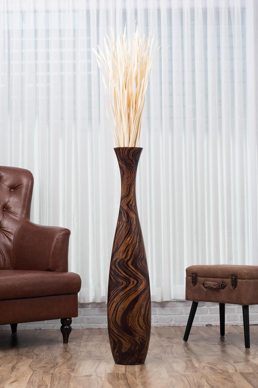 Leewadee Large Brown Home Decor Floor Vase - Wooden 41 inch Tall Farmhouse Decor Flower Holder for Fake Plant and Pampas Grass