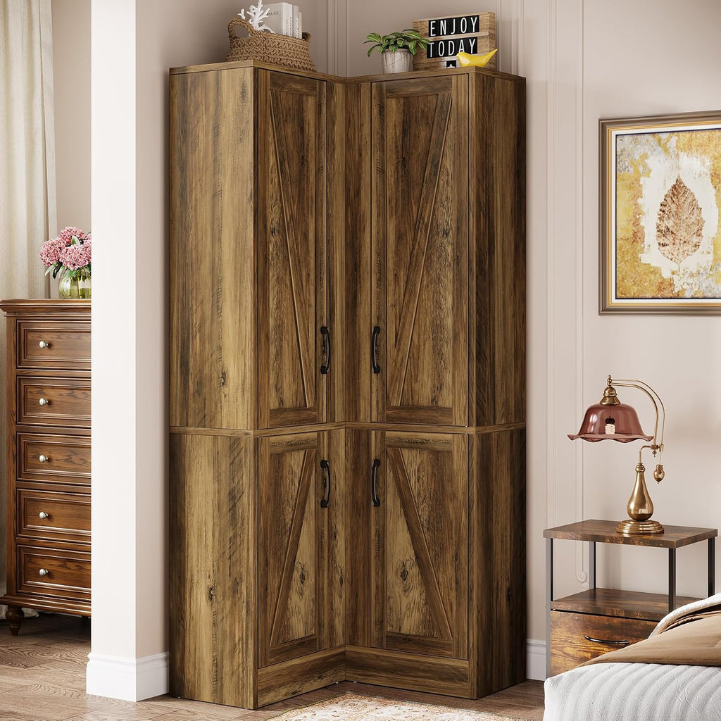 Tribesigns Corner Pantry Cabinet, 67' Tall Kitchen Pantry with Doors and 5-Tier Storage Shelves, Farmhouse Wooden Corner Bar Cabinet for Home, Living Room, Bar, Kitchen, Rustic Brown