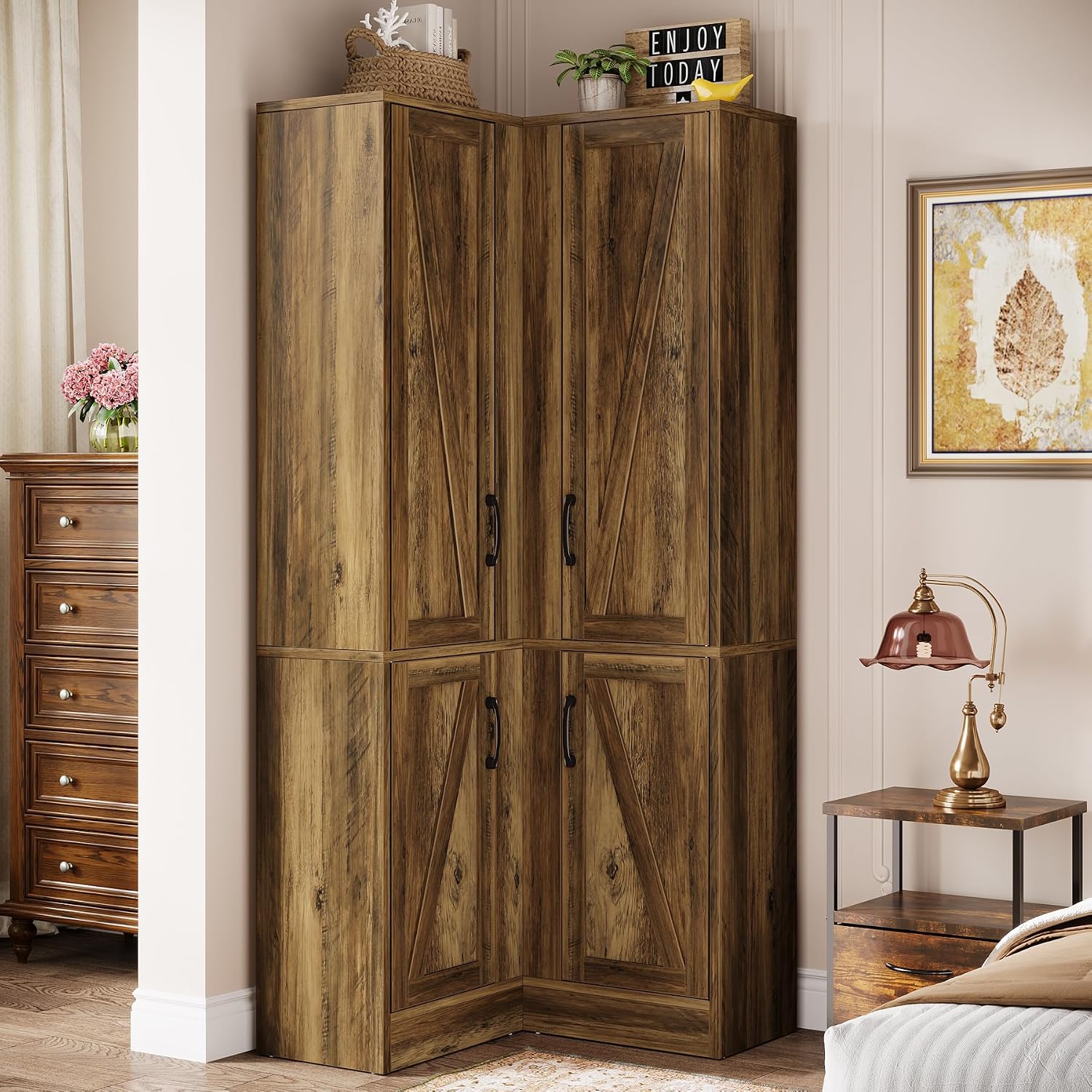 Tribesigns Corner Pantry Cabinet, 67' Tall Kitchen Pantry with Doors and 5-Tier Storage Shelves, Farmhouse Wooden Corner Bar Cabinet for Home, Living Room, Bar, Kitchen, Rustic Brown