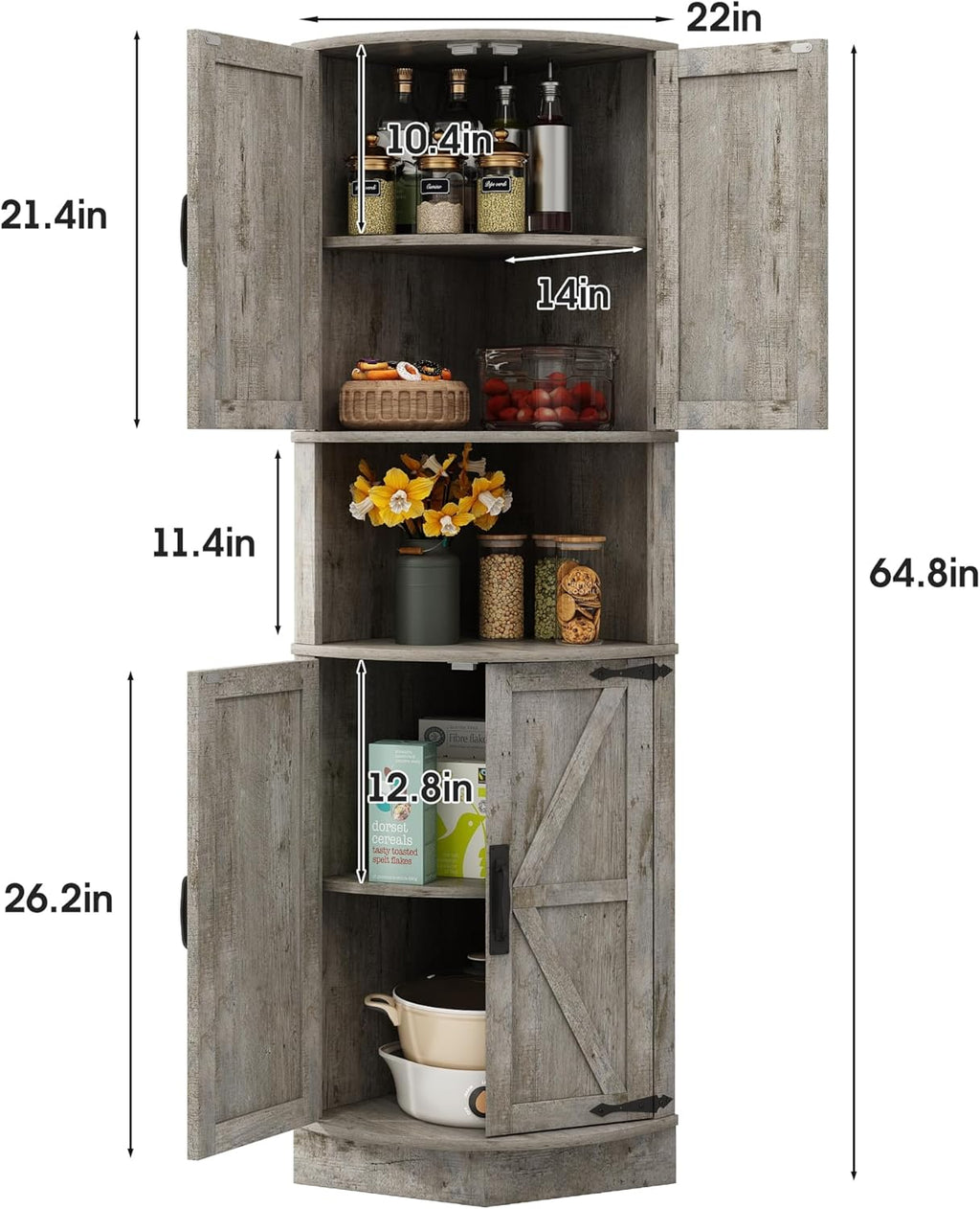 Vabches 64.8' Tall Farmhouse Corner Cabinet with 4 Doors and 5 Storage Shelves, Farmhouse Storage Cabinet with Barn Door Design, Home Space Saver for Living Room, Kitchen, Laundry Room,Grey