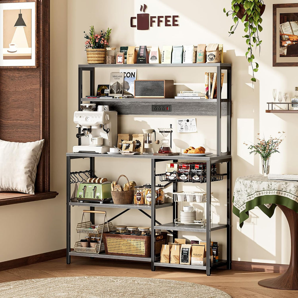 SUPERJARE Bakers Rack with Power Outlet, 47.2 Inches Coffee Bar with 3 Level-Adjustable Open Shelves, Wire Basket, Kitchen Microwave Stand with 6 S-Shaped Hooks, Grey