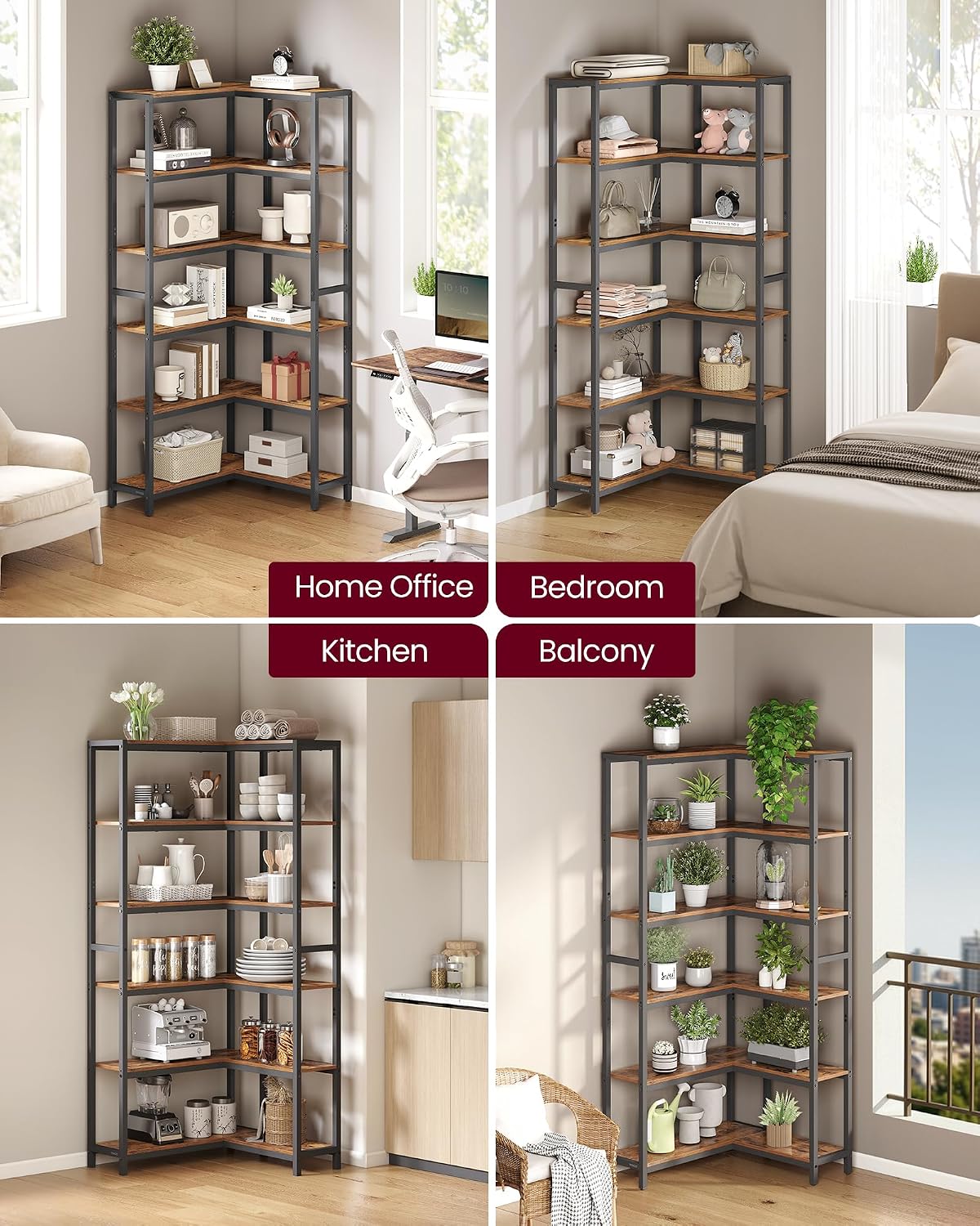 VASAGLE 6 Tier Bookshelf with Metal Frame, Convertible Industrial Corner Shelf, 9.4 x 40.2 x 69 Inches, for Living Room, Bedroom, Home Office, Rustic Brown and Ink Black ULLS606K01