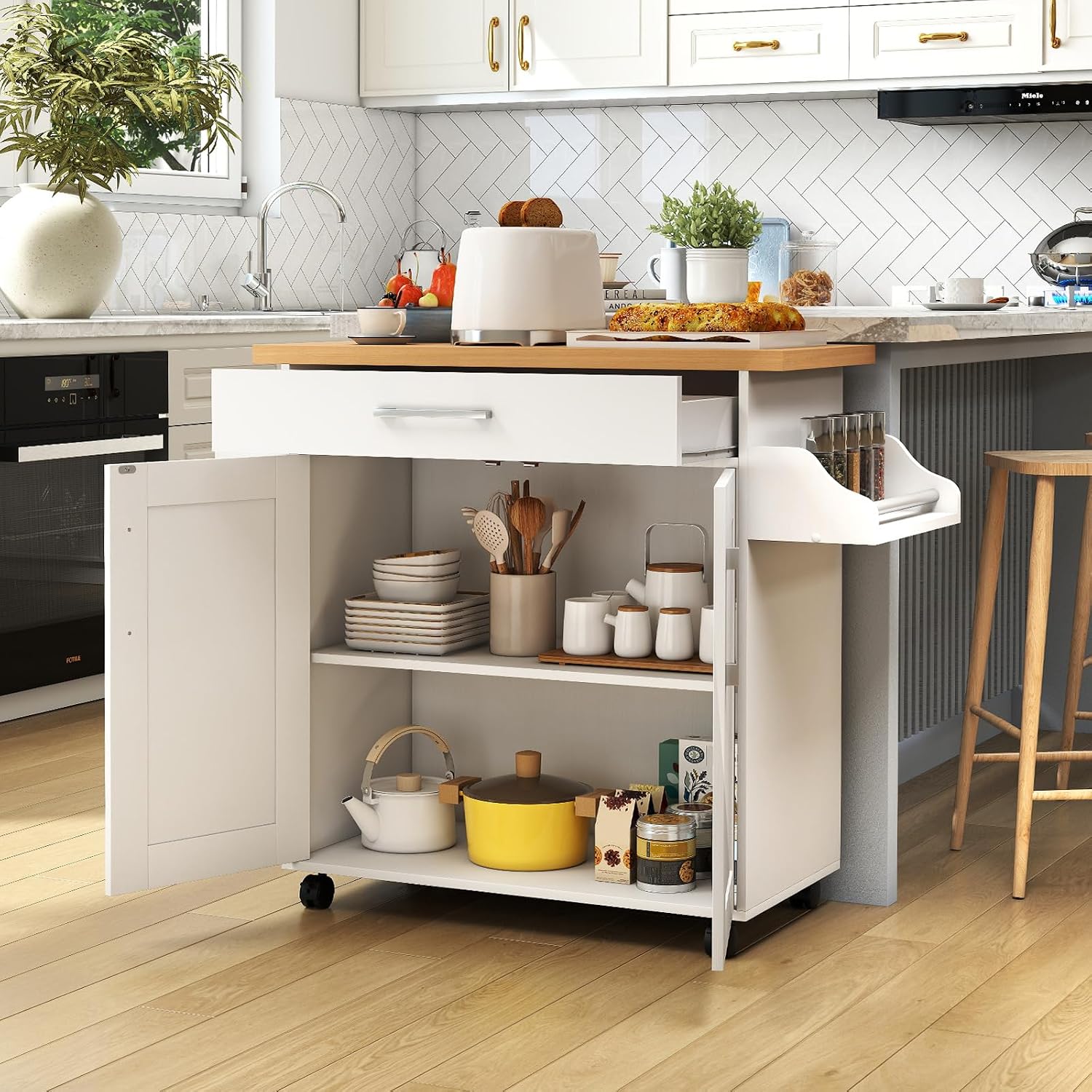 COSTWAY Kitchen Island On Wheels, Rolling Storage Trolley Cart with Large Cabinet, Drawer, Spice Rack and Towel Rack, Kitchen Serving Utility, 3-Position Adjustable Shelf (White)