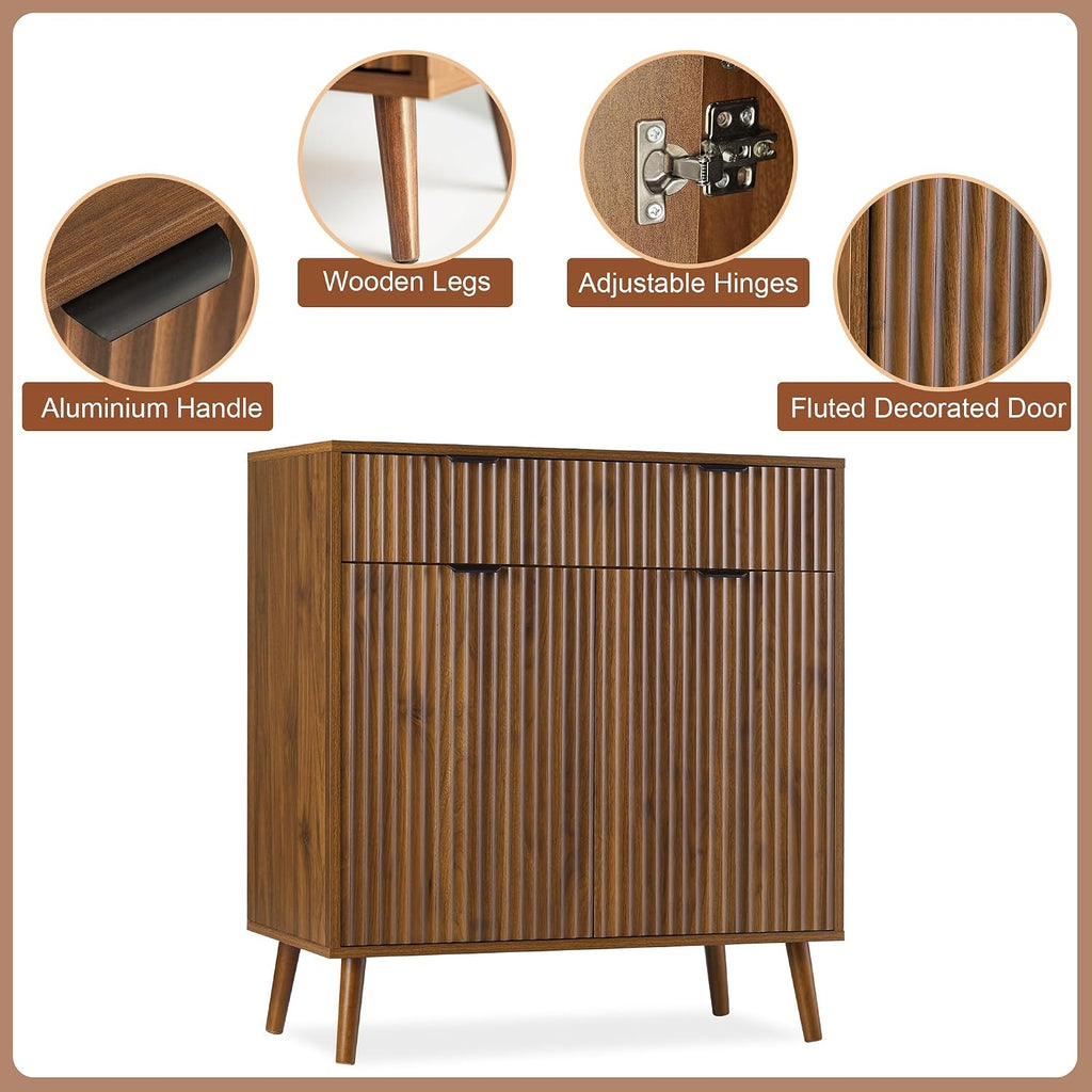 LYNCOHOME Fluted Sideboard Buffet Cabinet with Storage, 1 Drawers and 2 Doors,Solid Wood Feet for Kitchen, Hallway