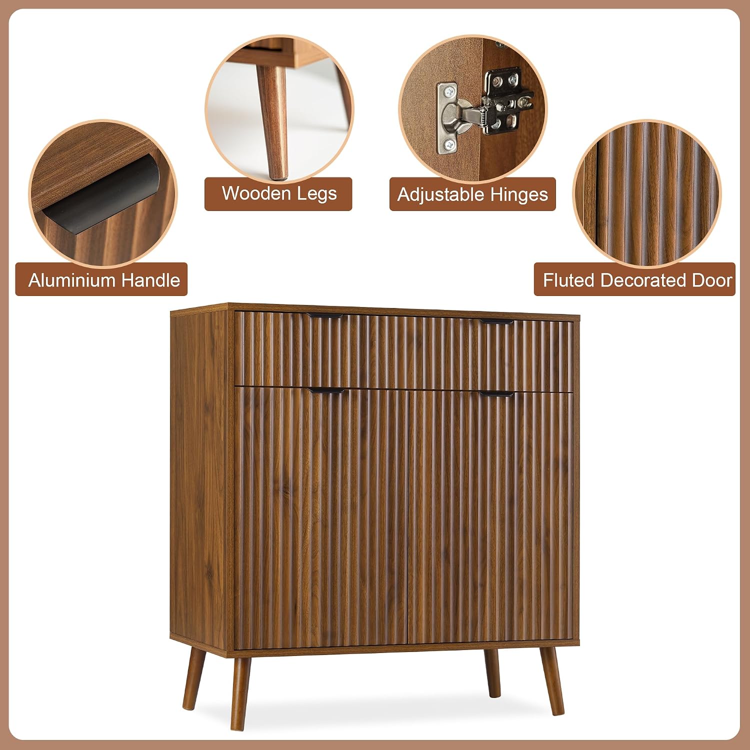 LYNCOHOME Fluted Sideboard Buffet Cabinet with Storage, 1 Drawers and 2 Doors,Solid Wood Feet for Kitchen, Hallway