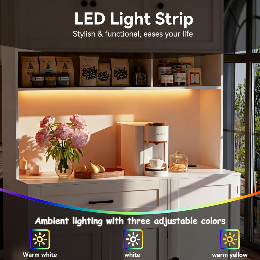 FJTJBSI 72' Kitchen Pantry Cabinet with LED Light and Charging Station Tall Pantry Storage Cabinet with Adjustable Shelves and Door Shelves Modern Kitchen Hutch with Microwave Stand and Countertop