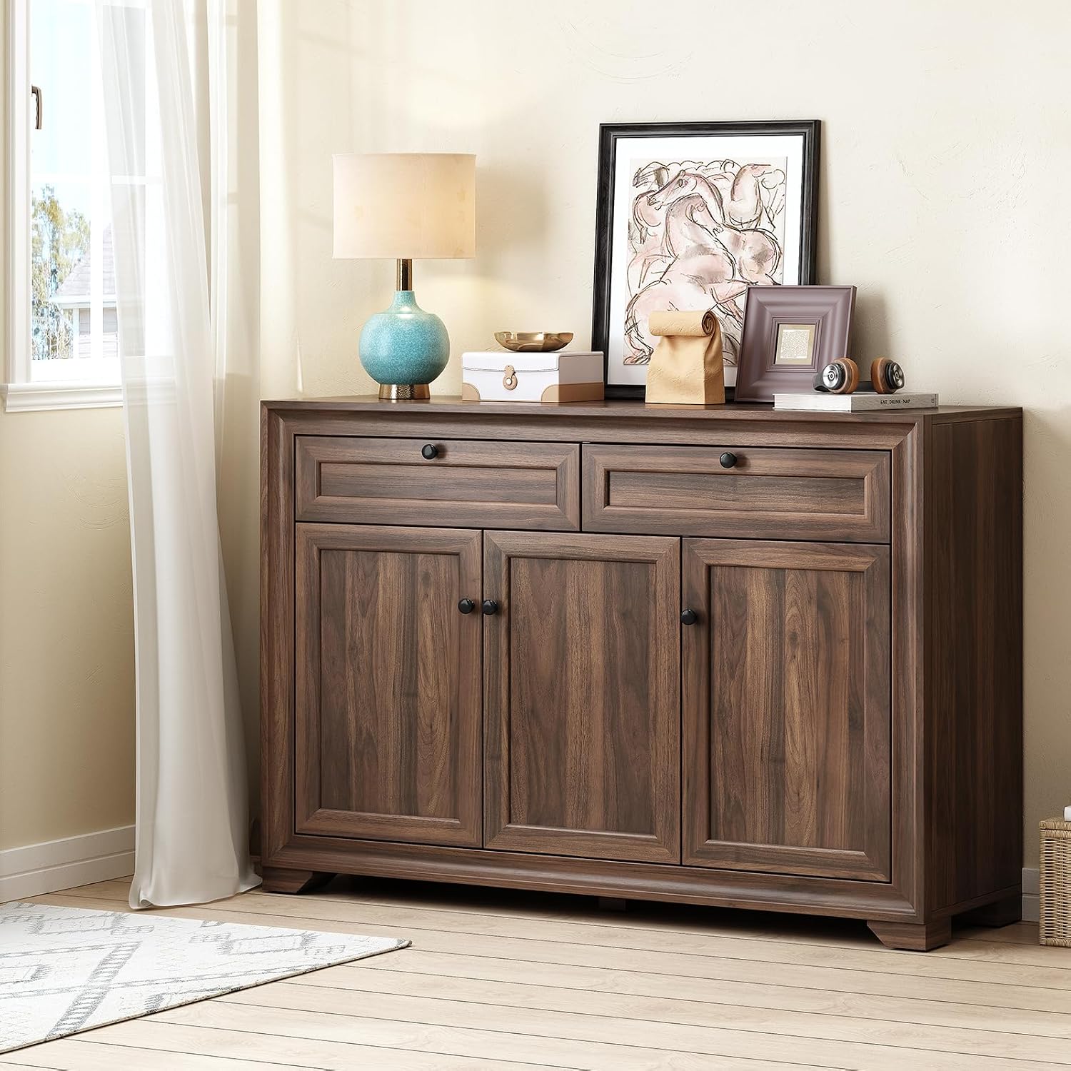 ONBRILL 48 Inches Sideboard Buffet Cabinet with Storage, Farmhouse Sideboard with 2 Drawers and 3 Doors, Wood Coffee Bar Cabinet with Adjustable Shelves for Living Room, Kitchen, Hallway, Brown