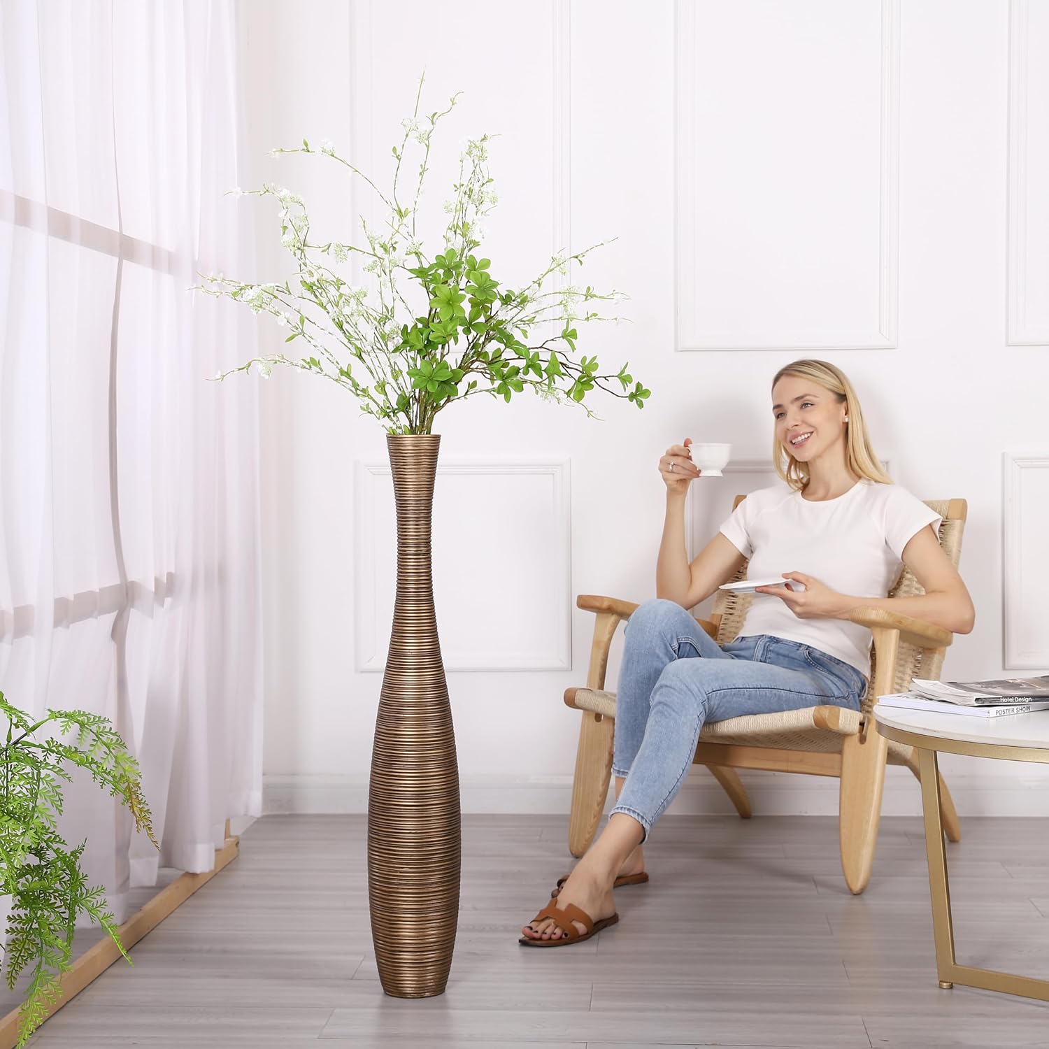 Leewadee Decorative Tall Floor Vase for Living Room Decor, 34 inches, Gold, Resin