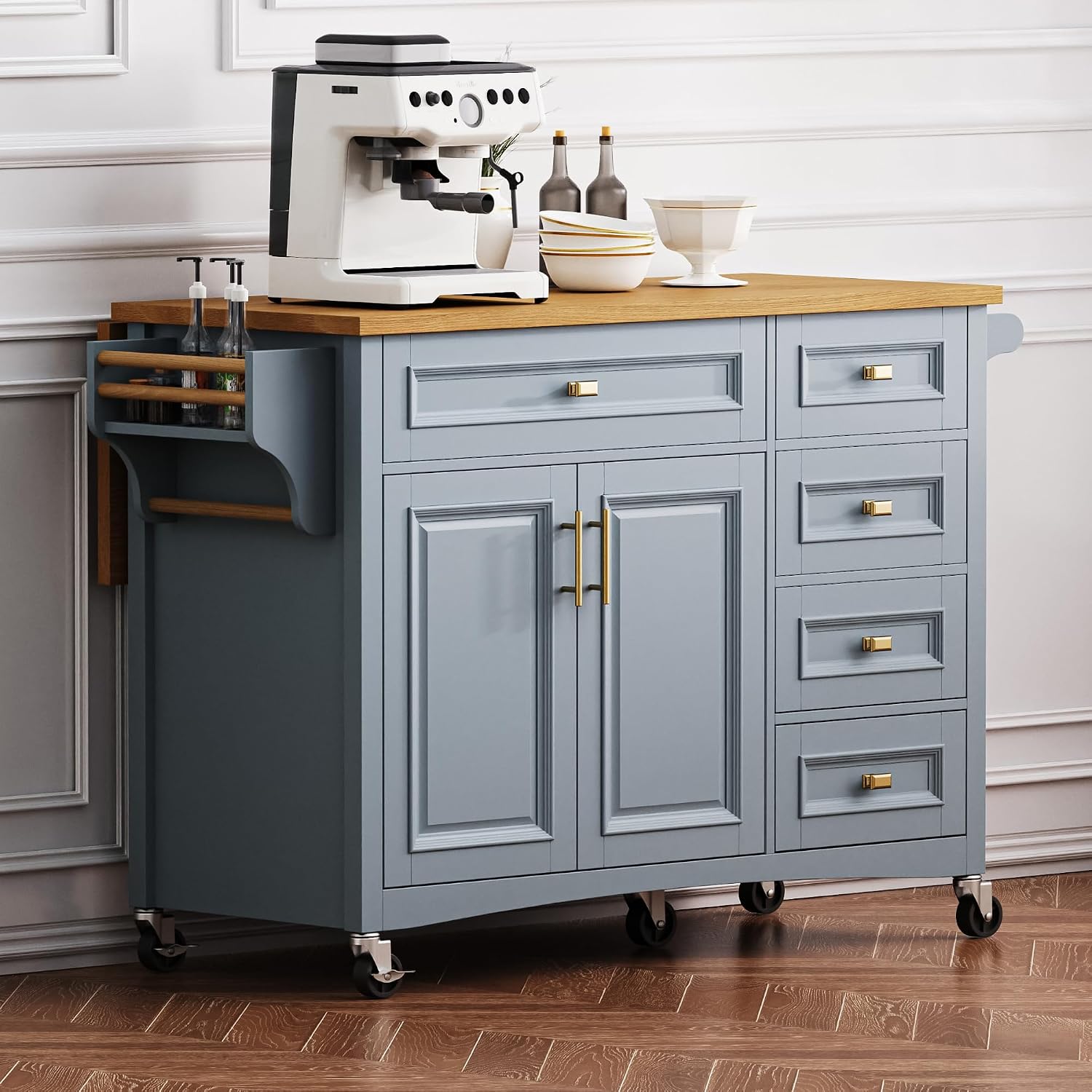 52' Kitchen Island Cart with Drop Leaf, Embossed Texture Kitchen Storage on Wheels with Spice Rack, Towel Rack, 5 Drawers, 2 Doors, Adjustable Shelf for Kitchen, Dining Room Grey Blue