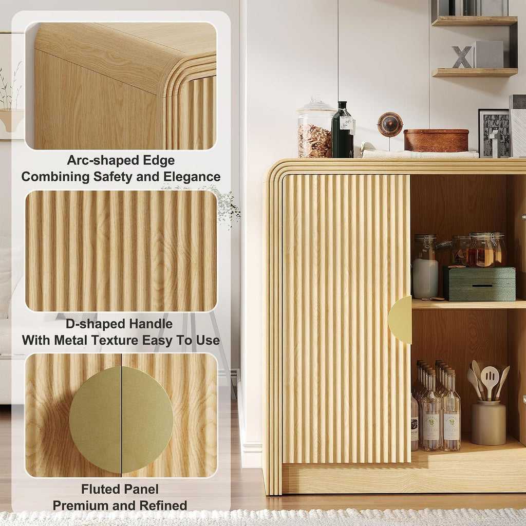 Decofy 55' Buffet Sideboard Cabinet, Mid Century Modern Console Cabinet with Wavy Grain Doors & Adjustable Shelves for Kitchen Cabinets, Living Room, Entryway, Coffee Bar Cabinet, Natural Oak
