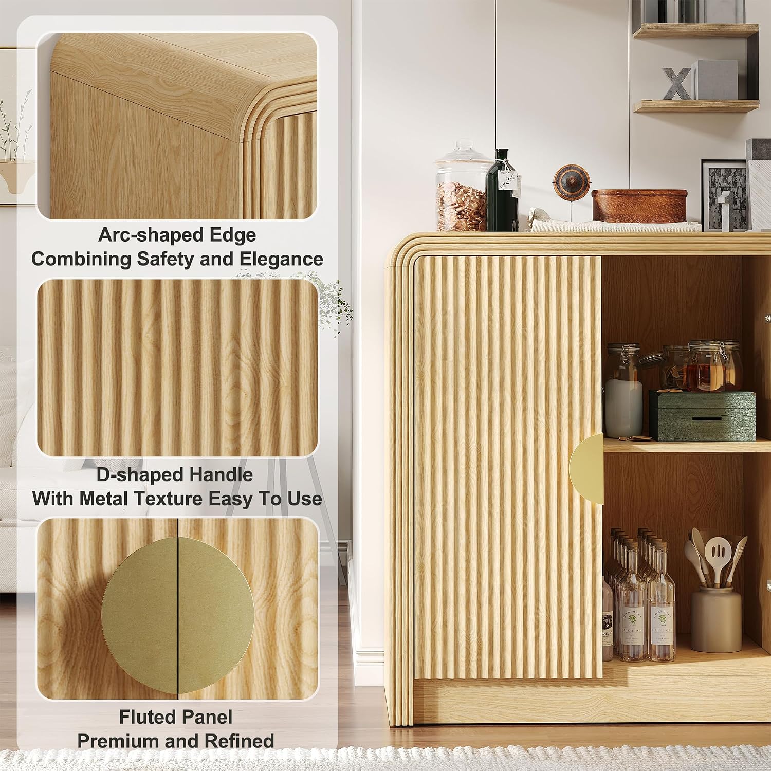 Decofy 55' Buffet Sideboard Cabinet, Mid Century Modern Console Cabinet with Wavy Grain Doors & Adjustable Shelves for Kitchen Cabinets, Living Room, Entryway, Coffee Bar Cabinet, Natural Oak
