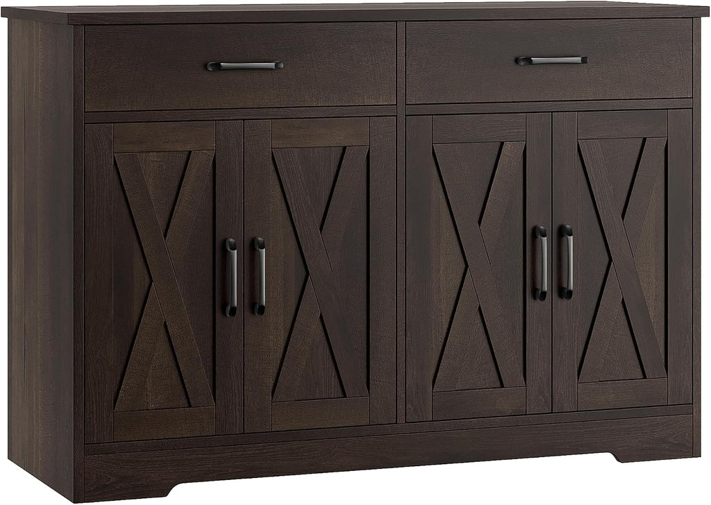 HOSTACK Buffet Cabinet with Storage, 47.2' Kitchen Sideboard Buffet with Drawers, Modern Farmhouse Coffee Bar Station with Shelves, Barn Doors Storage Cabinet for Living Room, Dark Brown