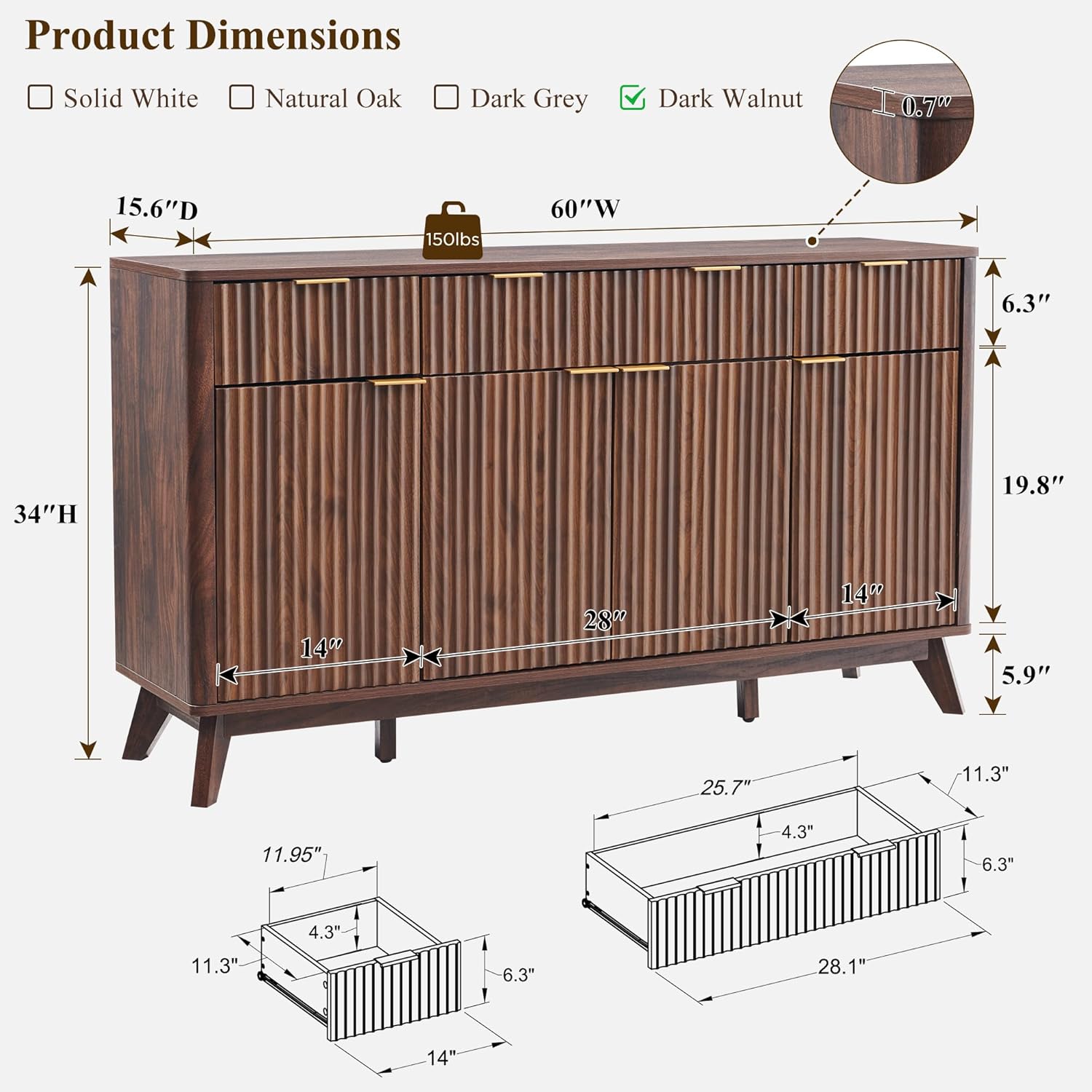 OKD Fluted Storage Cabinet with Drawers, 60' Morden Buffet Sideboard Coffee Bar Cabinet with 4 Doors and 3 Drawers for Dining Room, Living Room,Hallway (Dark Walnut)