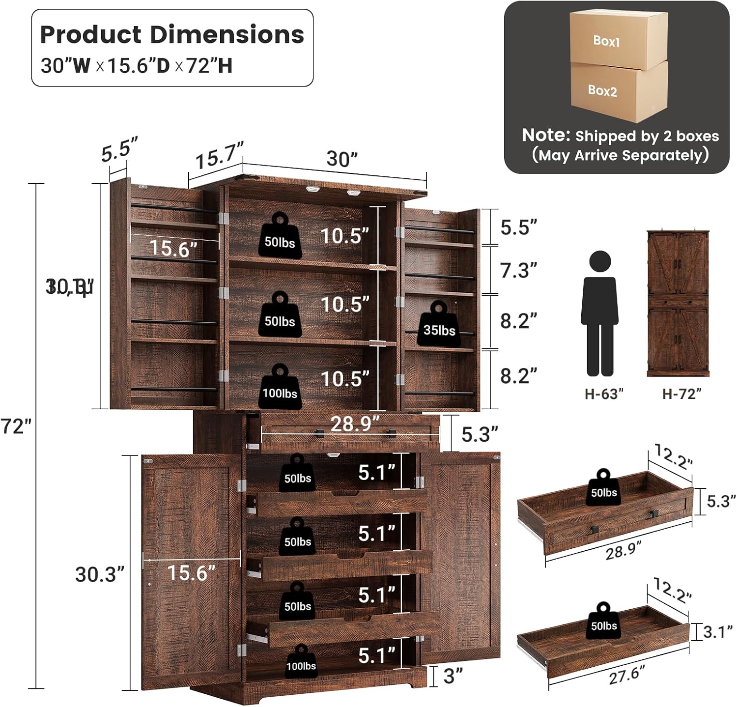 ELYKEN 72' Pantry Cabinet, Tall Kitchen Storage Cabinet with 3 Pull Out Shelves & 8 Door Shelves, Farmhouse Kitchen Pantry with Adjustable Shelf, Kitchen Hutch with Large Drawer, for Dining Room