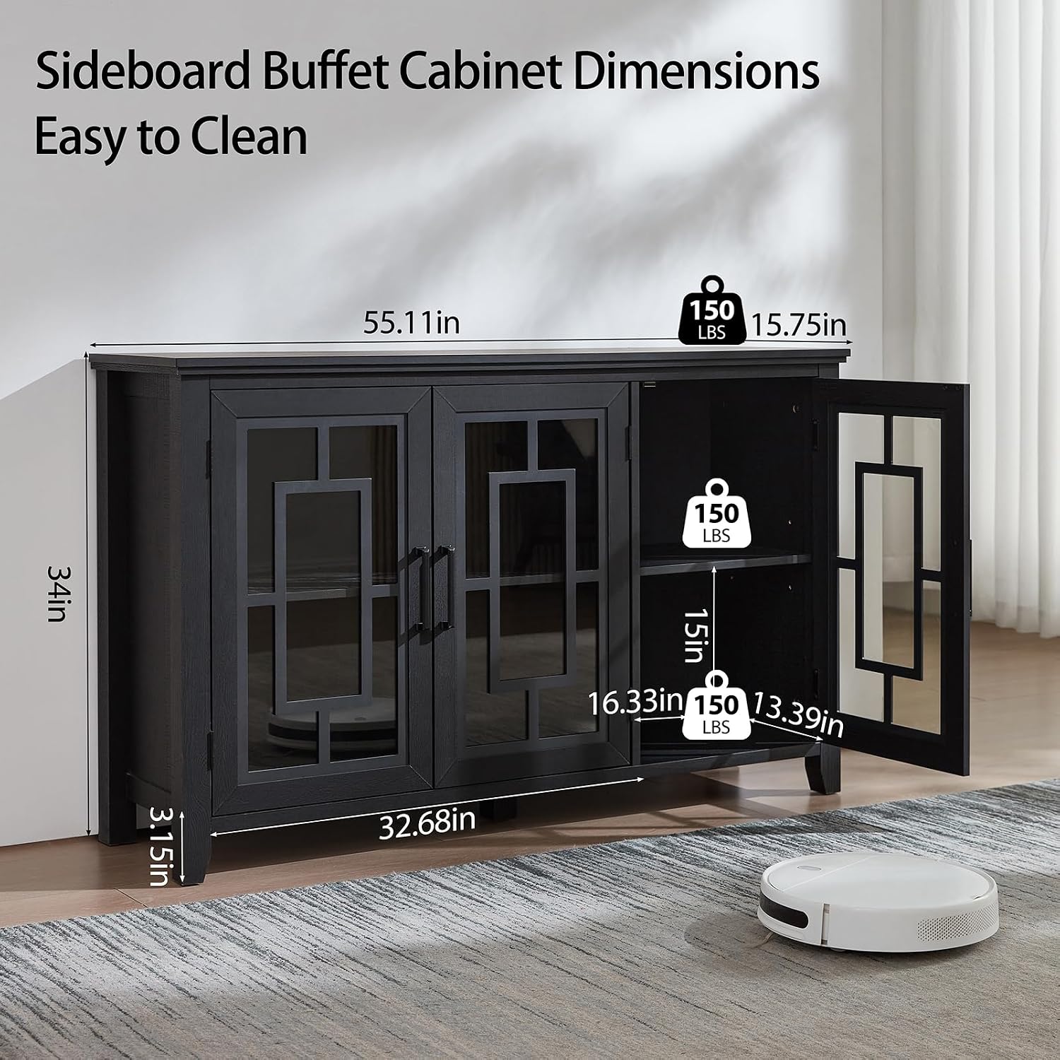 Joaxswe Large Sideboard Buffet Cabinet with Storage, 55' Farmhouse Black Kitchen Coffee Wine Bar Cabinet with 3 Glass Doors, Wood Mid Century Modern Side Board Table for Dining Room, Living Room