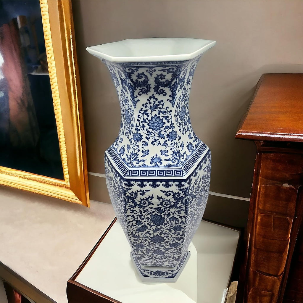 24' Classic Blue and White Hexagonal Lotus Porcelain Vase, Ceramic Vase Jingdezhen, China Qing Style （D8）