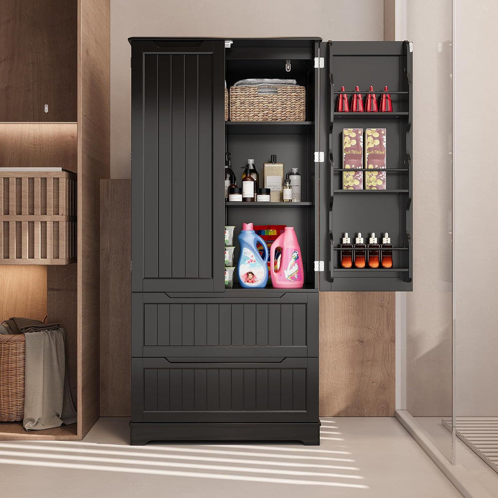 Gizoon Kitchen Storage Cabinets with Drawers Freestanding Kitchen Pantry with Doors and Shelves, 63' Food Pantry Cabinet for Dining Room Craft Room, Black, Painted