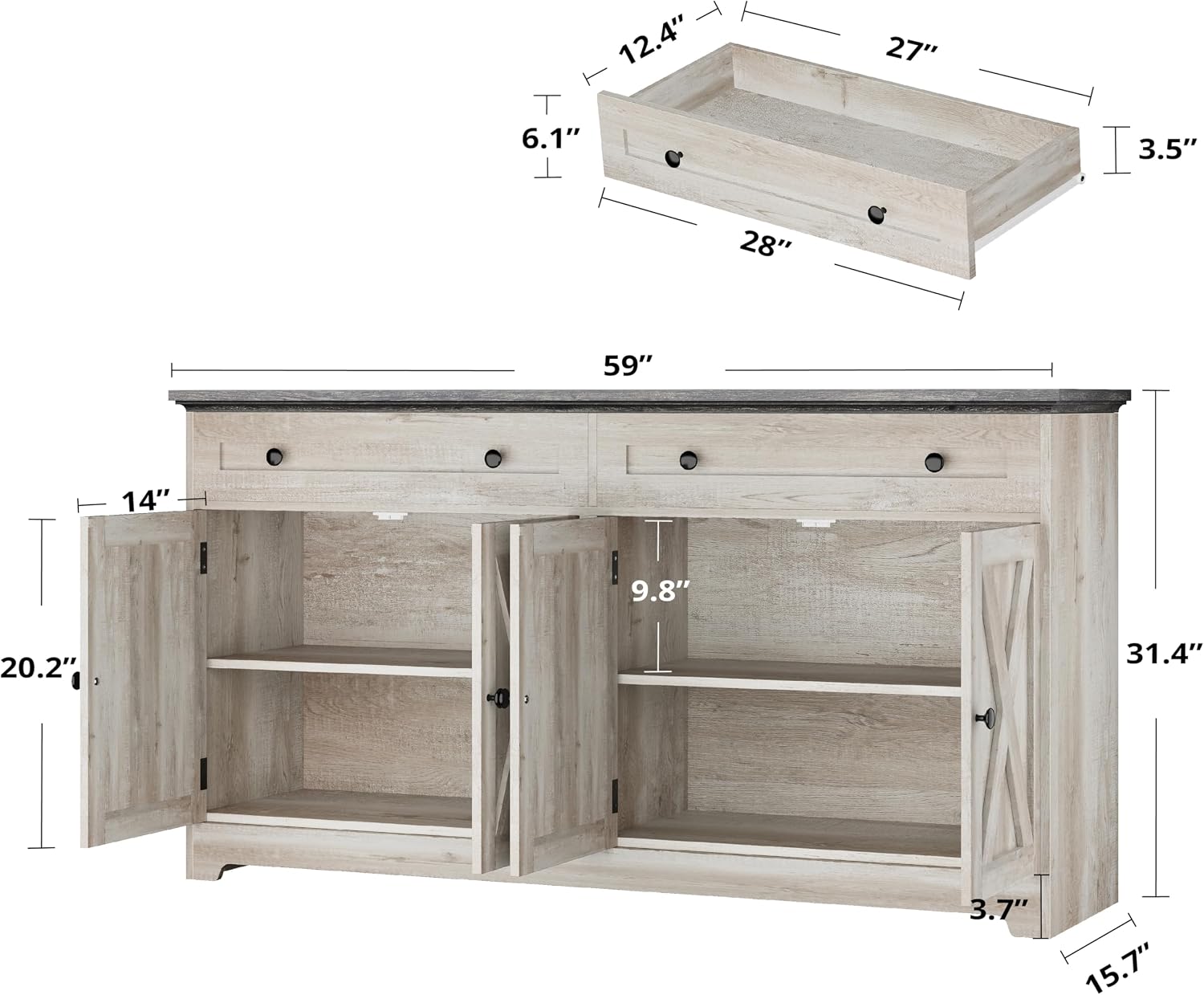 IRONCK Buffet Cabinet with Storage, Sideboard Storage Cabinet with Drawers, Coffee Bar Cabinet, Kitchen Cabinet with Doors, Charcoal Grey and Beige Maple