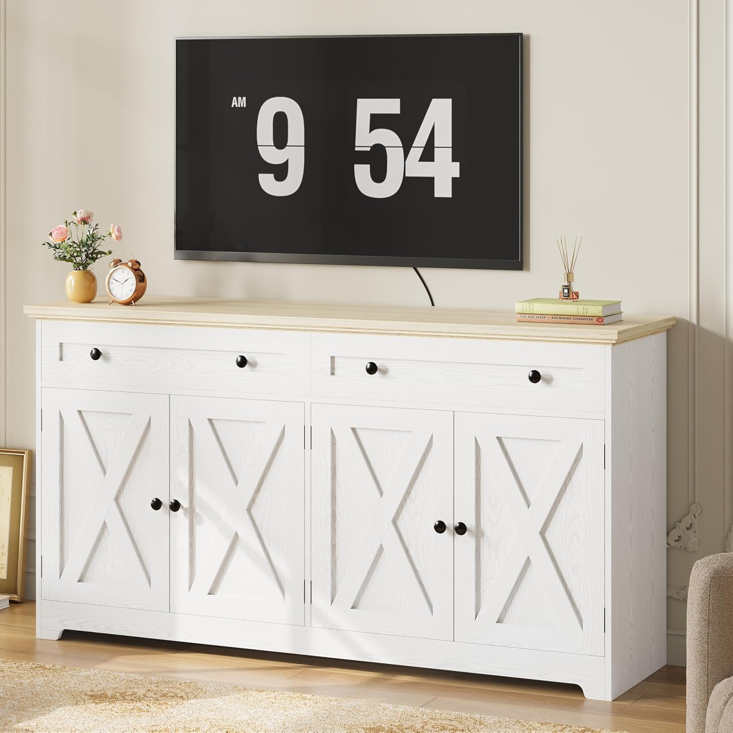IRONCK Buffet Cabinet with Storage, Sideboard Storage Cabinet with Drawers, Coffee Bar Cabinet, Kitchen Cabinet with Doors, Natural Wood
