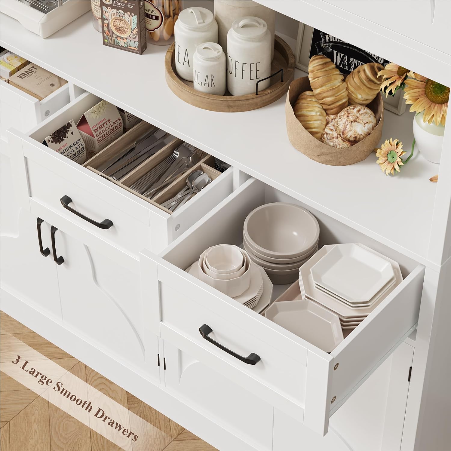 HITHOS 76' Tall Kitchen Pantry Storage Cabinet, 55' Wide Kitchen Hutch Cabinet with Storage Drawers, Large Food Pantry with Microwave Stand, Modern Cupboard with Hutch for Dining Living Room, White