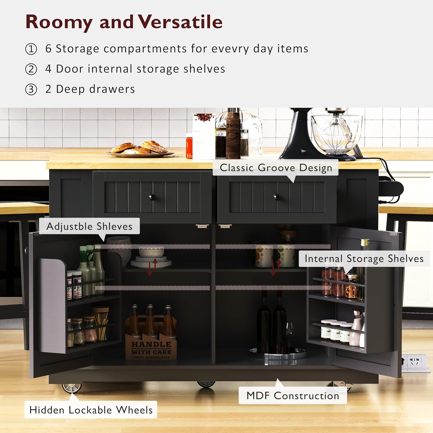 48 Inch Rolling Kitchen Island Storage Cart on 5 Wheels with Drop Leaf, Power Outlet, Door Internal Storage Rack, 5 Open Side Racks, 2 Drawers for Dining Room, Home Bar, Black