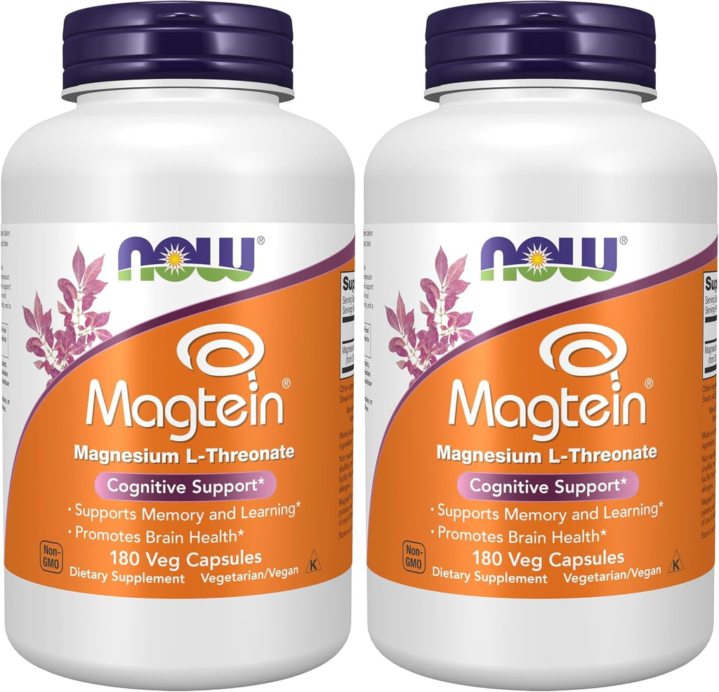 Now Foods Supplements Magtein, Magnesium L-Threonate, Cognitive Support*, 180 Veg Capsules, (Pack of 2)