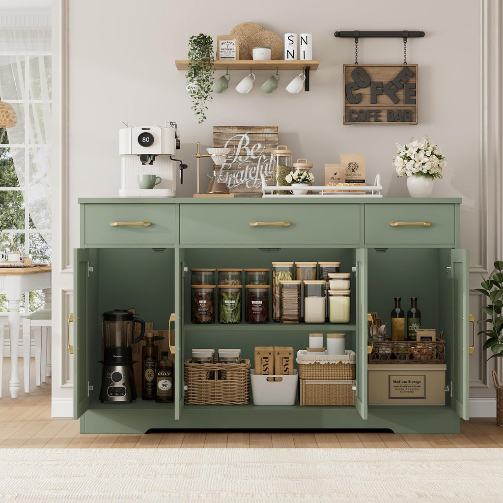 HOSTACK Buffet Sideboard Cabinet with Drawers, 55' Large Buffet Storage Cabinet with Shelves and Doors, Modern Farmhouse Coffee Bar Station for Kitchen, Dining Room, Green