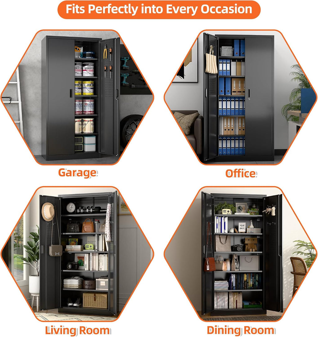 Aobabo 71' H×32' W×16' D Metal Storage Cabinet with 5 Adjustable Shelves, Locking Garage Storage Cabinet with Pegboards and 4 Hooks for Garage, Office, Black, Assembly Required