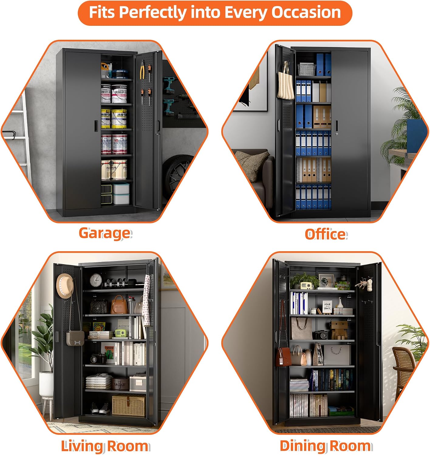 Aobabo 71' H×32' W×16' D Metal Storage Cabinet with 5 Adjustable Shelves, Locking Garage Storage Cabinet with Pegboards and 4 Hooks for Garage, Office, Black, Assembly Required