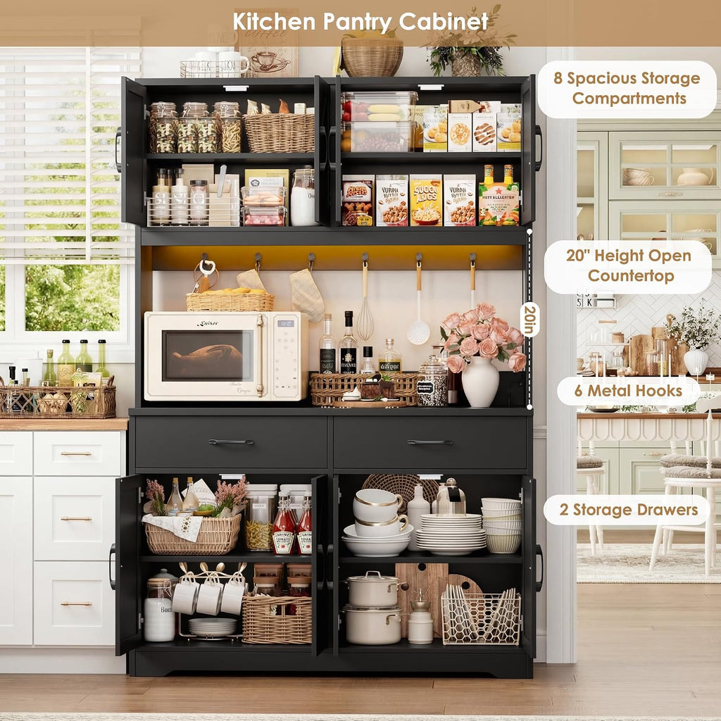 HIFIT 71' Tall Kitchen Pantry Cabinet with RGB LED and Charging Station, Farmhouse Coffee Bar Cabinet with Large Countertop and 6 Hooks, Kitchen Hutch Storage Cabinet, Black