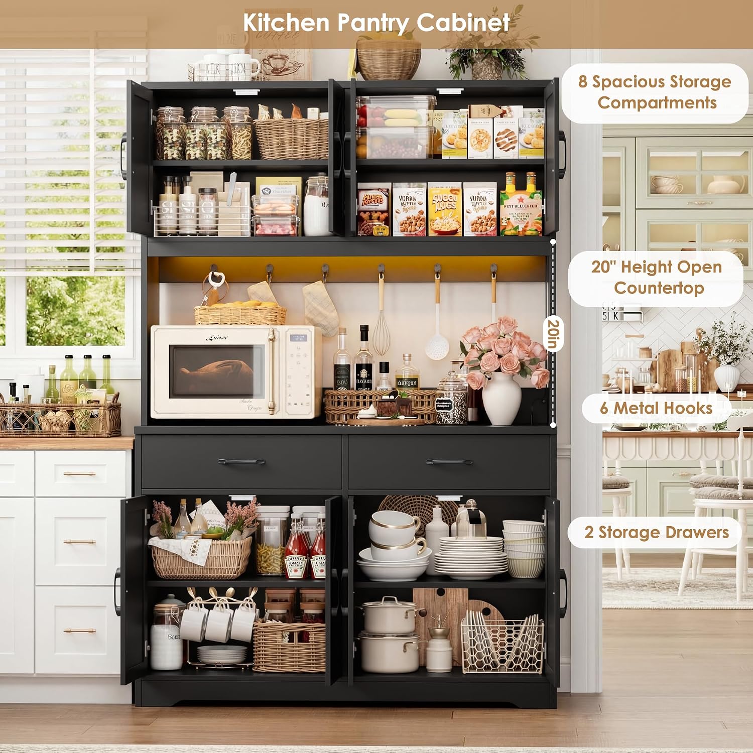 HIFIT 71' Tall Kitchen Pantry Cabinet with RGB LED and Charging Station, Farmhouse Coffee Bar Cabinet with Large Countertop and 6 Hooks, Kitchen Hutch Storage Cabinet, Black