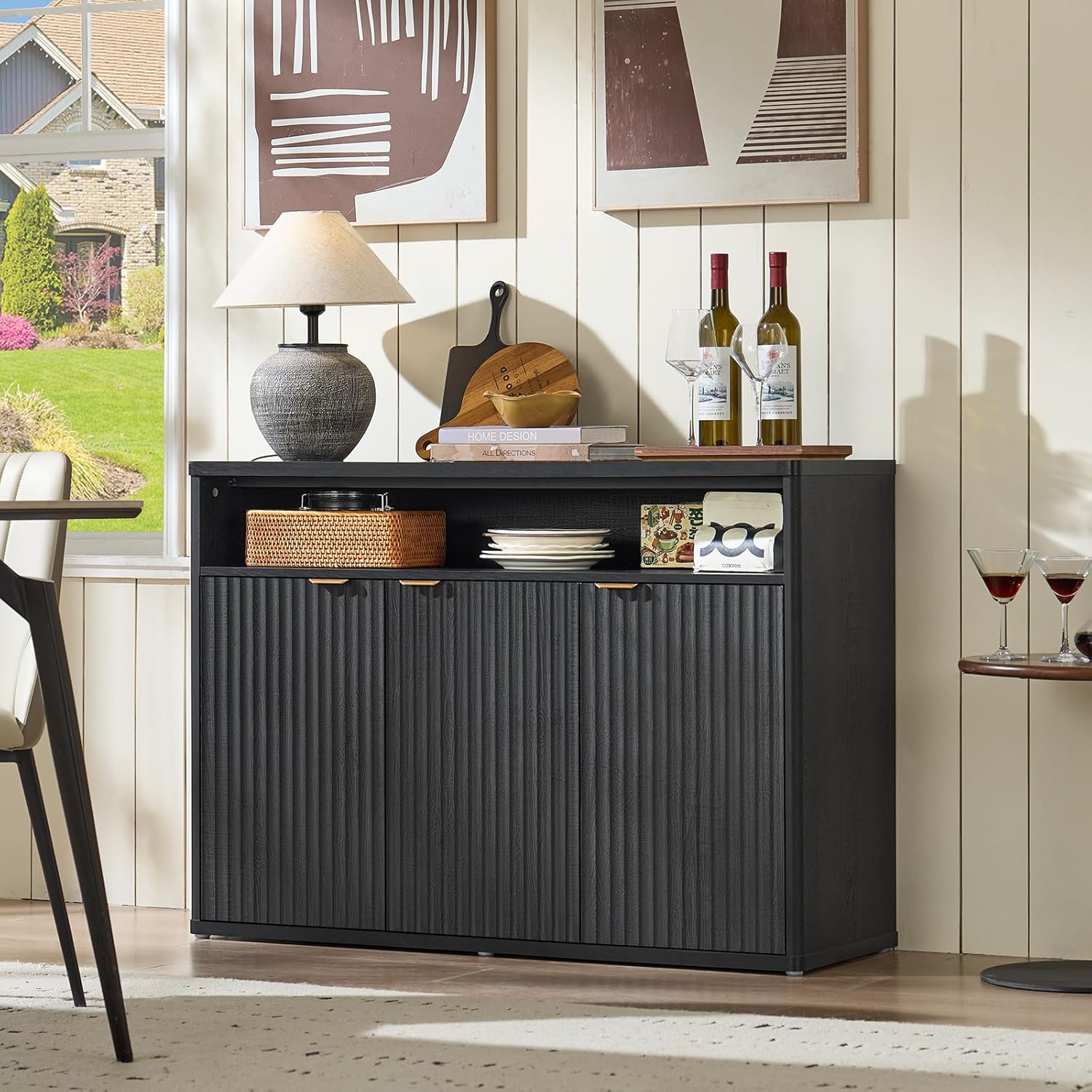 LEYAOYAO Fluted Buffet Cabinet with Storage, 45' Wide Wood Sideboard Credenza with 3 Doors & Open Storage Shelf, Modern Kitchen Console Accent Cabinets, Coffee Bar Table for Dining Room, Black Oak