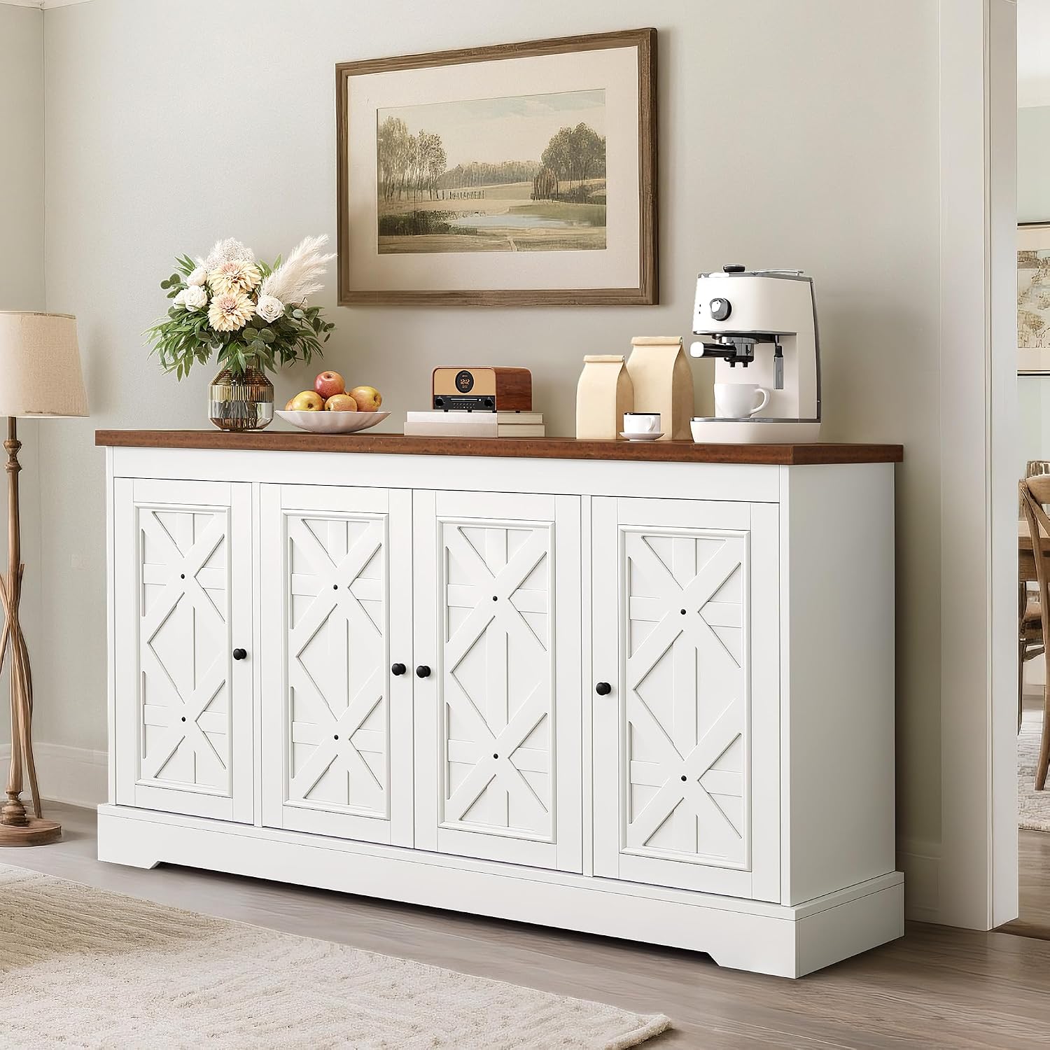 YITAHOME Sideboard Buffet Cabinet with Storage, 59' Buffet Storage with 4 Doors, Modern Farmhouse Coffee Bar Station Wood Kitchen Table with Adjustable Shelves for Kitchen, Living Room (White)