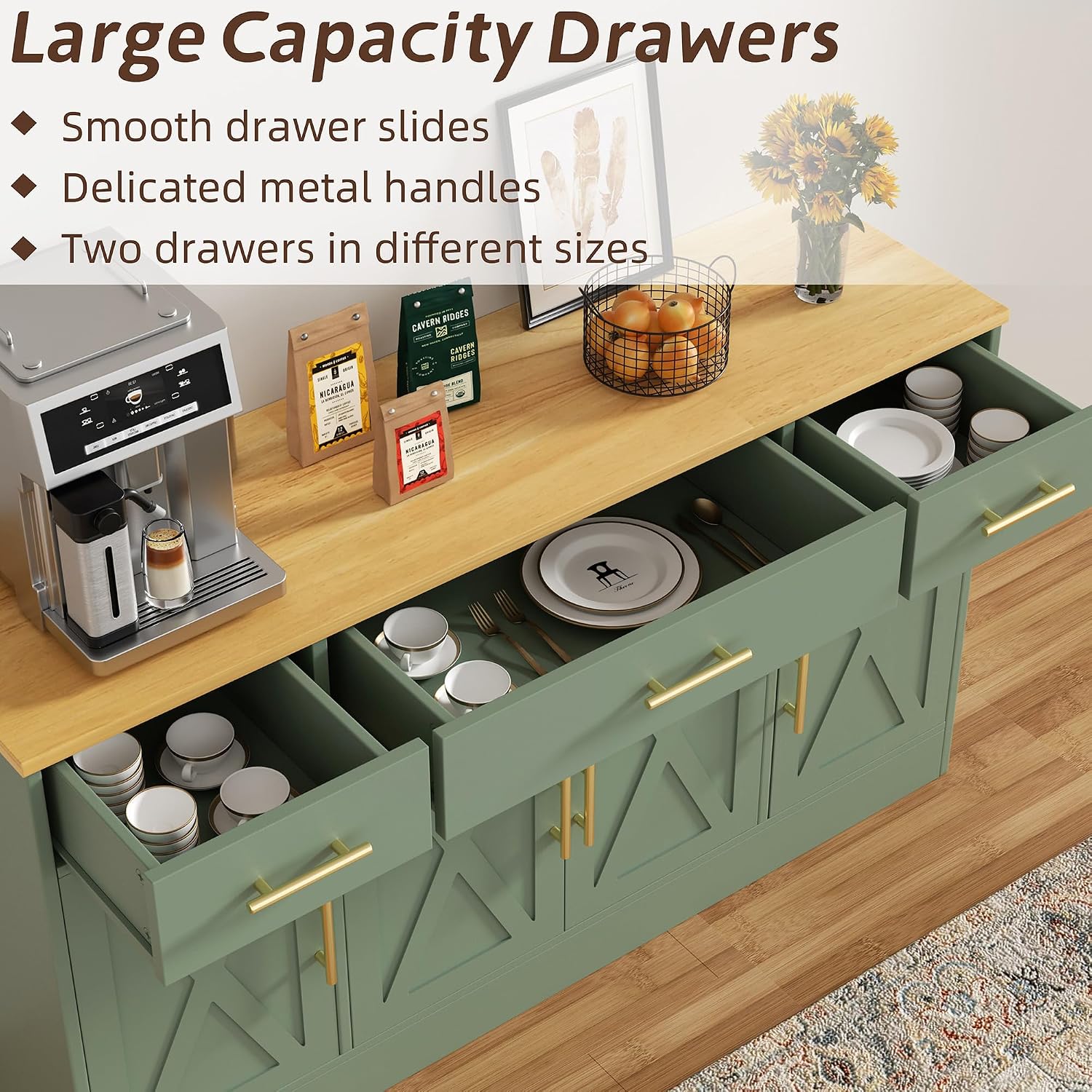 Farmhouse Buffet Cabinet, Accent Storage Cabinet with 4 Doors and 3 Drawers, Wide Sideboard Coffee Bar Cabinets for Living Room, Kitchen, Green