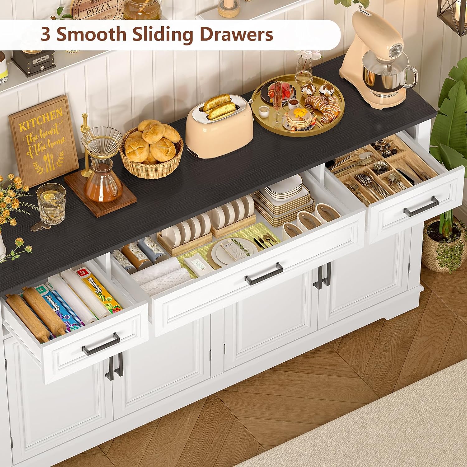 usikey 59' Large Buffet Cabinet with 4 Doors and 3 Drawers, Buffet Sideboard Cabinet with Storage and 2 Adjustable Shelves, Coffee Bar, Wine Bar for Living Room, White