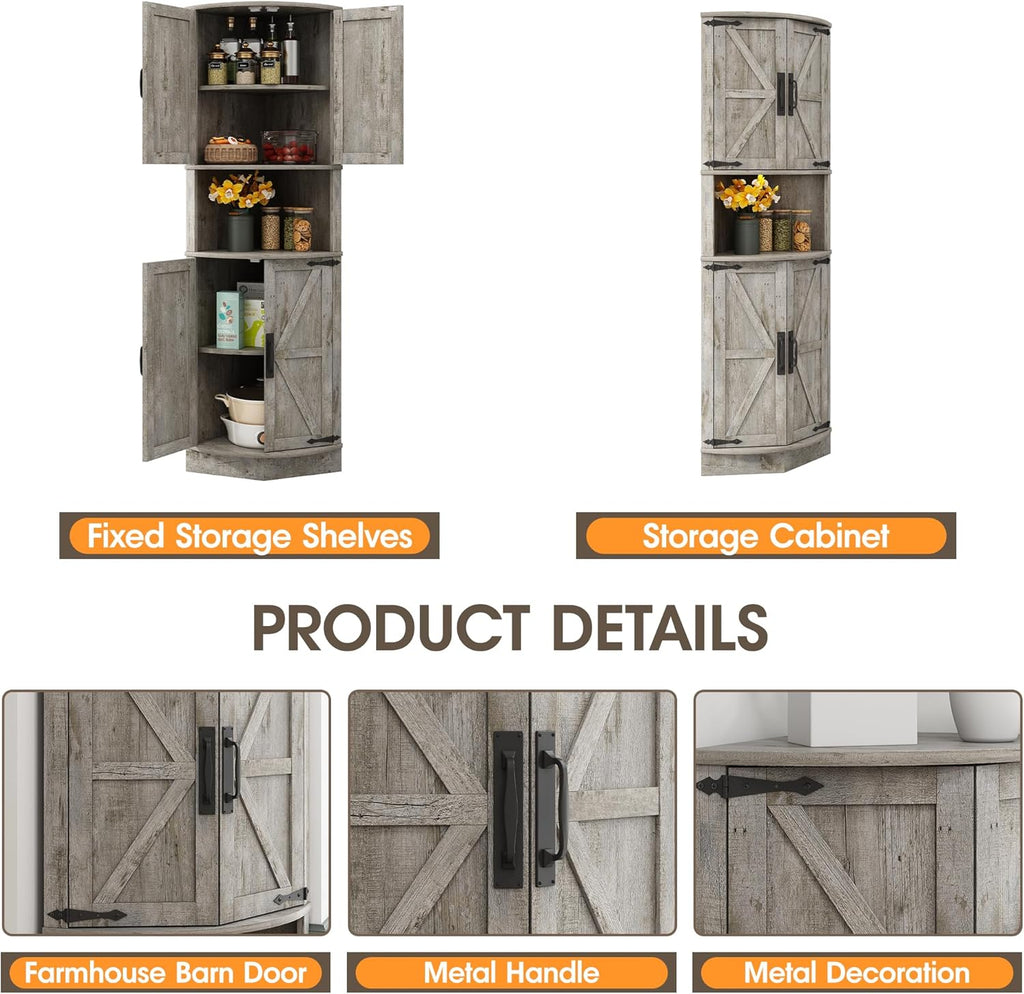 Vabches 64.8' Tall Farmhouse Corner Cabinet with 4 Doors and 5 Storage Shelves, Farmhouse Storage Cabinet with Barn Door Design, Home Space Saver for Living Room, Kitchen, Laundry Room,Grey