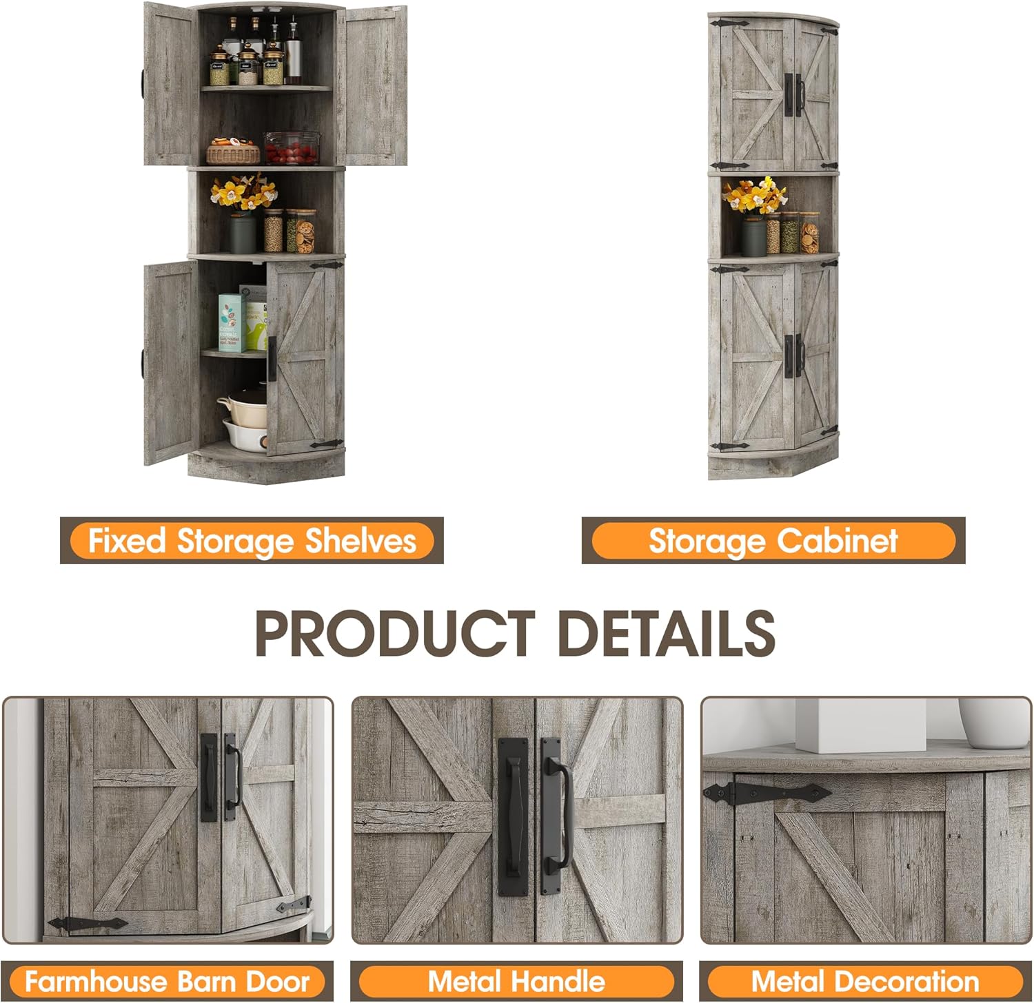 Vabches 64.8' Tall Farmhouse Corner Cabinet with 4 Doors and 5 Storage Shelves, Farmhouse Storage Cabinet with Barn Door Design, Home Space Saver for Living Room, Kitchen, Laundry Room,Grey