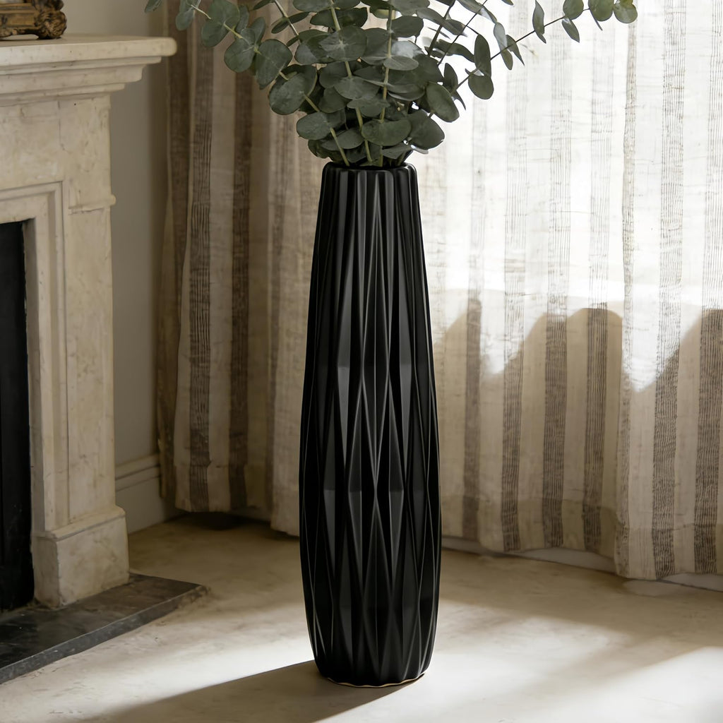 Tall Black Floor Vase – 28' Twisted Geometric Ceramic Vase for Modern Home, Living Room, Table Centerpiece or Corner Decoration